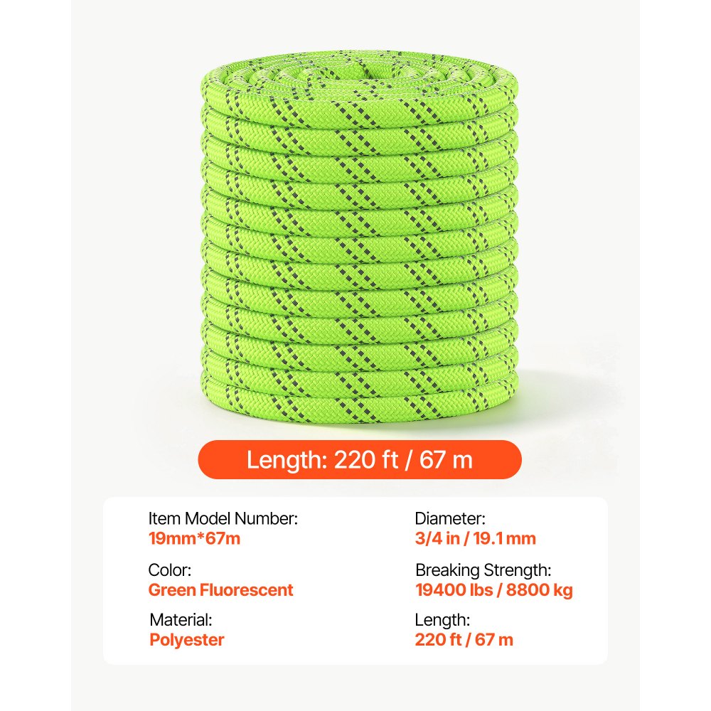 VEVOR Cuerda de Poliéster 19 mm x 67 m 8800 kg Cuerda de Doble Trenzado para Arboricultura, Remolque y Elevación Industrial, con Cubierta de 24 Hebras, Núcleo de 26 Hebras y Diseño Reflectante, Verde