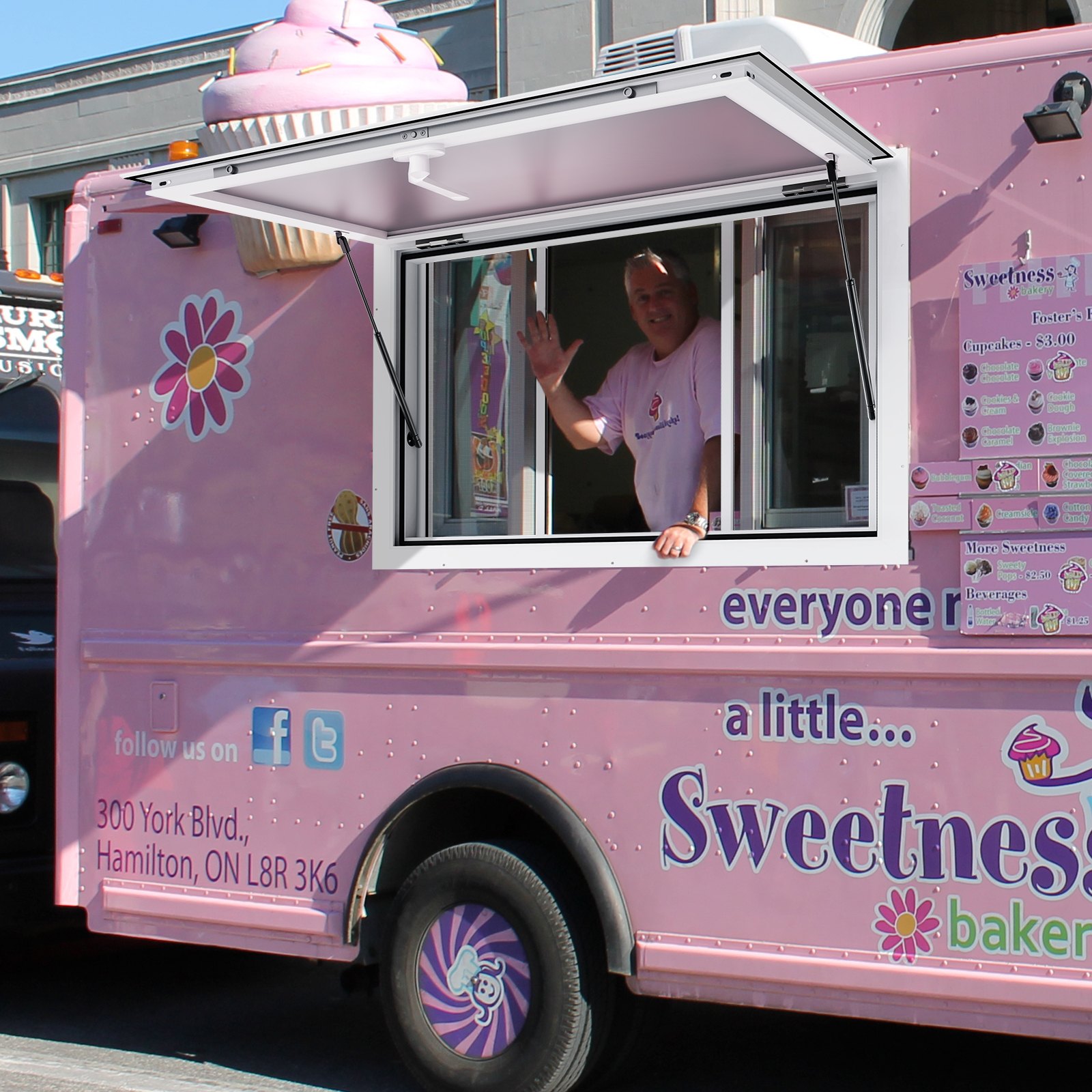 VEVOR Food Truck Window, 915 x 610 mm, Aluminum Alloy Service Window, Swivels Up to 29°, with 2 Sliding Windows, Awning Door & Pull Hook, for Food Trucks