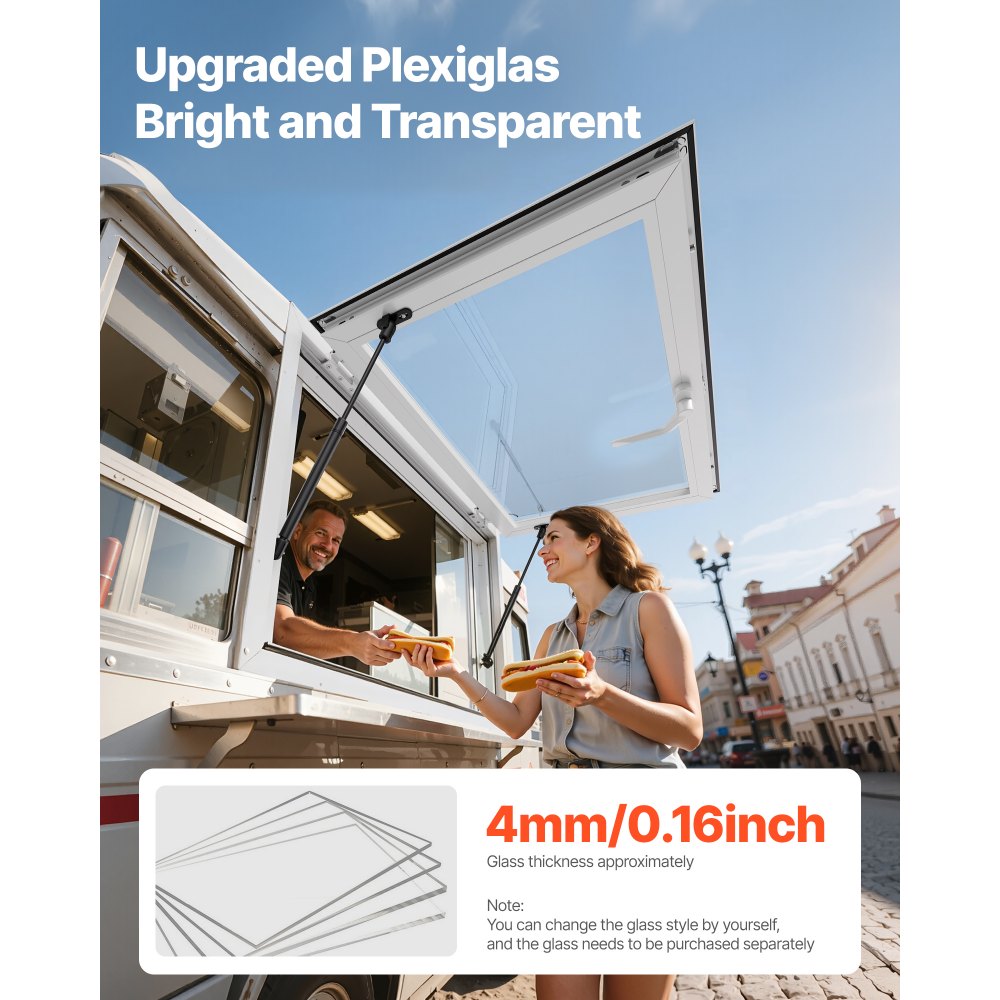 VEVOR Concession Window 92x61 cm, Aluminum Alloy Service Window for Food Truck, Up to 85 Degrees Stand Serving Window with 2 Sliding Windows, Awning Door, and Drag Hook, for Concession Trailers