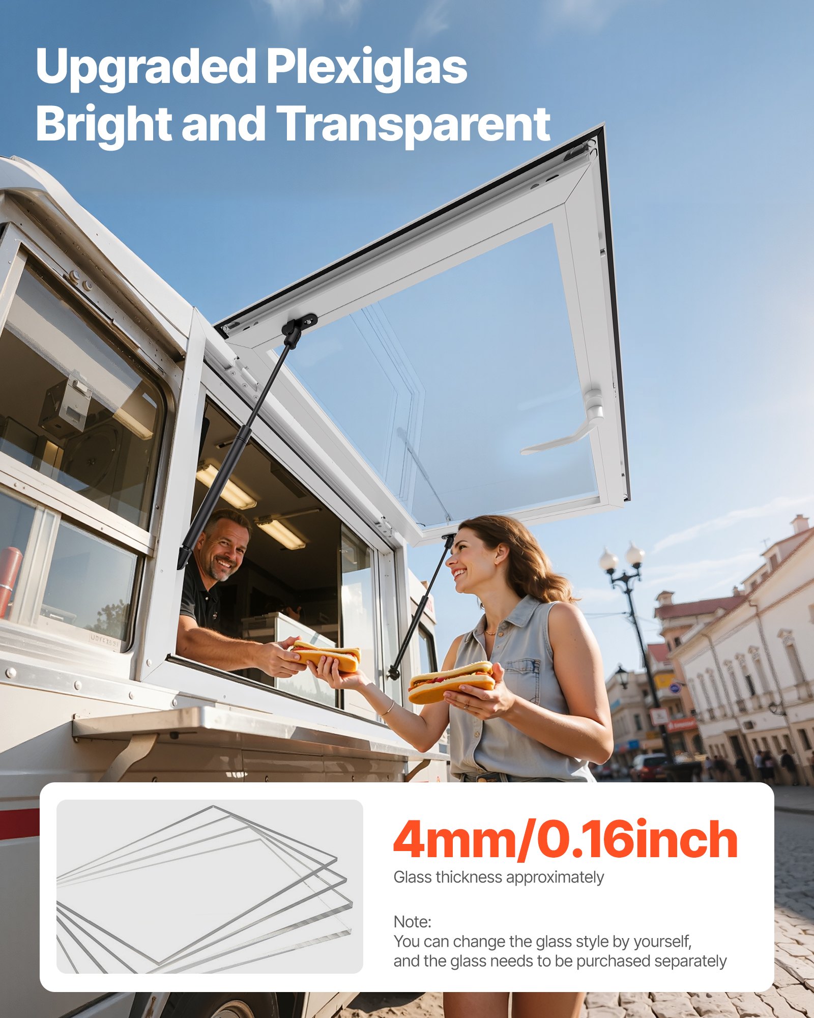VEVOR Concession Window 92x61 cm, Aluminum Alloy Service Window for Food Truck, Up to 85 Degrees Stand Serving Window with 2 Sliding Windows, Awning Door, and Drag Hook, for Concession Trailers