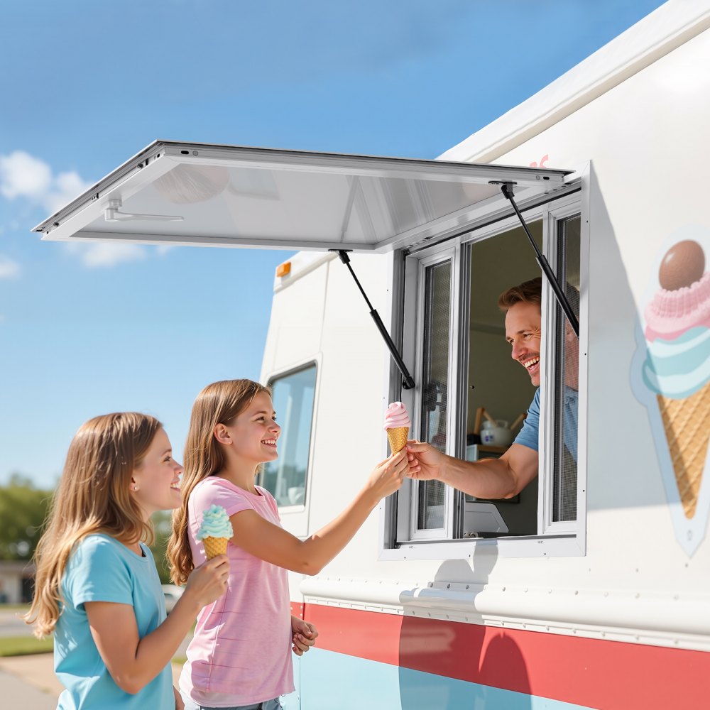 VEVOR Concession Window 92x92 cm, Aluminum Alloy Service Window for Food Truck, Up to 85 Degrees Stand Serving Window with 4 Sliding Windows, Awning Door, and Drag Hook, for Concession Trailers