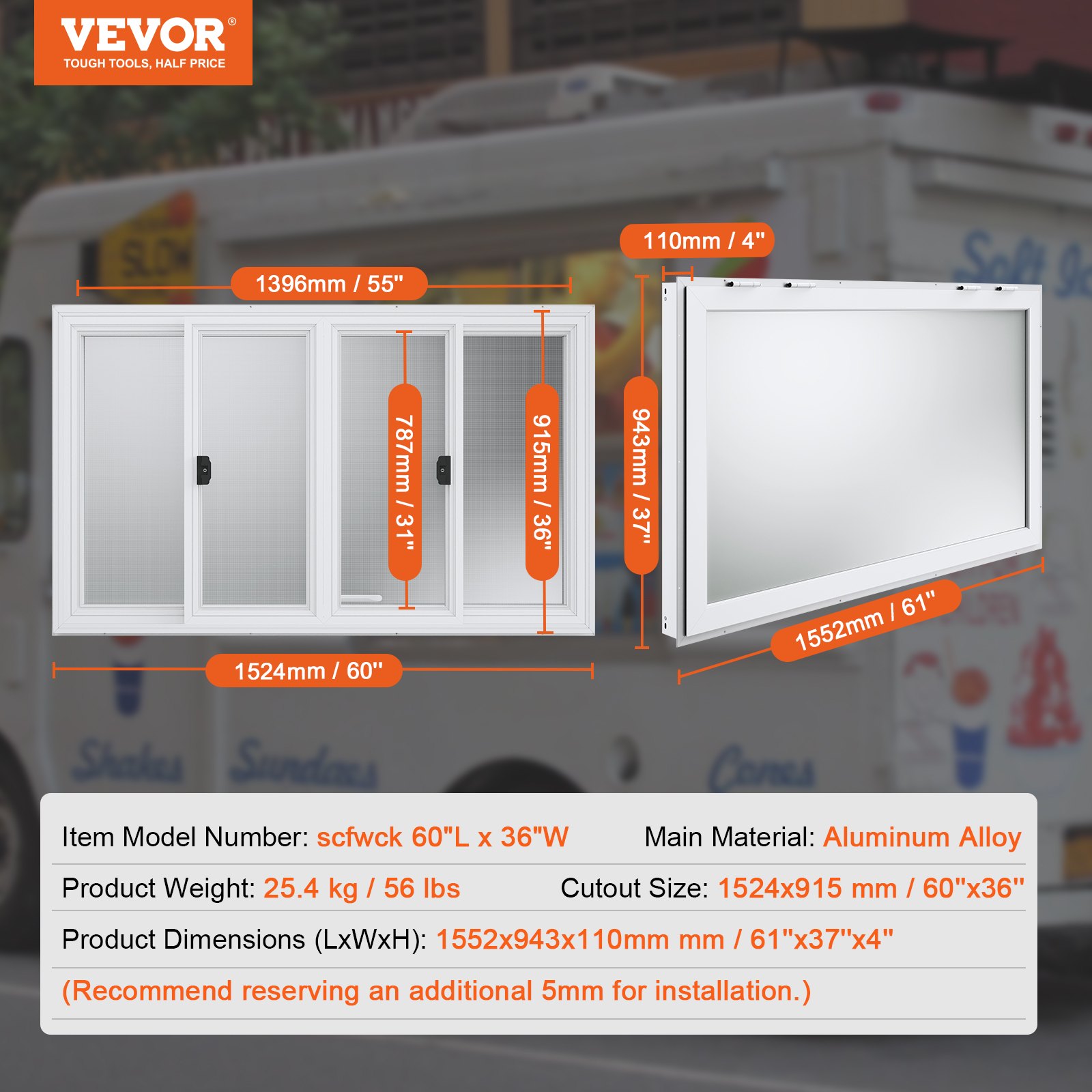 VEVOR Food Truck Window 60"x36", Aluminum Alloy Service Window for Food Trucks with 4 Horizontal Sliding Windows & Awning Door & Pull Hook, Swivels up to 85 Degrees Serving Window for Food Trucks