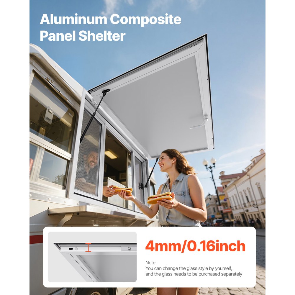 VEVOR Ventana de Concesión de Aleación de Aluminio, para Camiones de Comida, con Ángulo de hasta 85 Grados, 4 Ventanas Corredizas, Puerta Abatible y Gancho de Arrastre, 1346 x 838 mm, Blanco