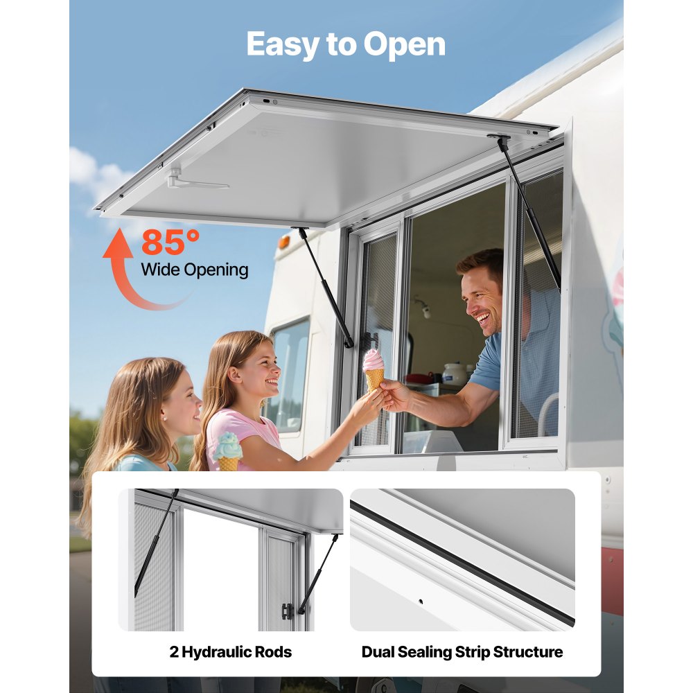 VEVOR Ventana de Concesión de Aleación de Aluminio, para Camiones de Comida, con Ángulo de hasta 85 Grados, 4 Ventanas Corredizas, Puerta Abatible y Gancho de Arrastre, 1346 x 838 mm, Blanco