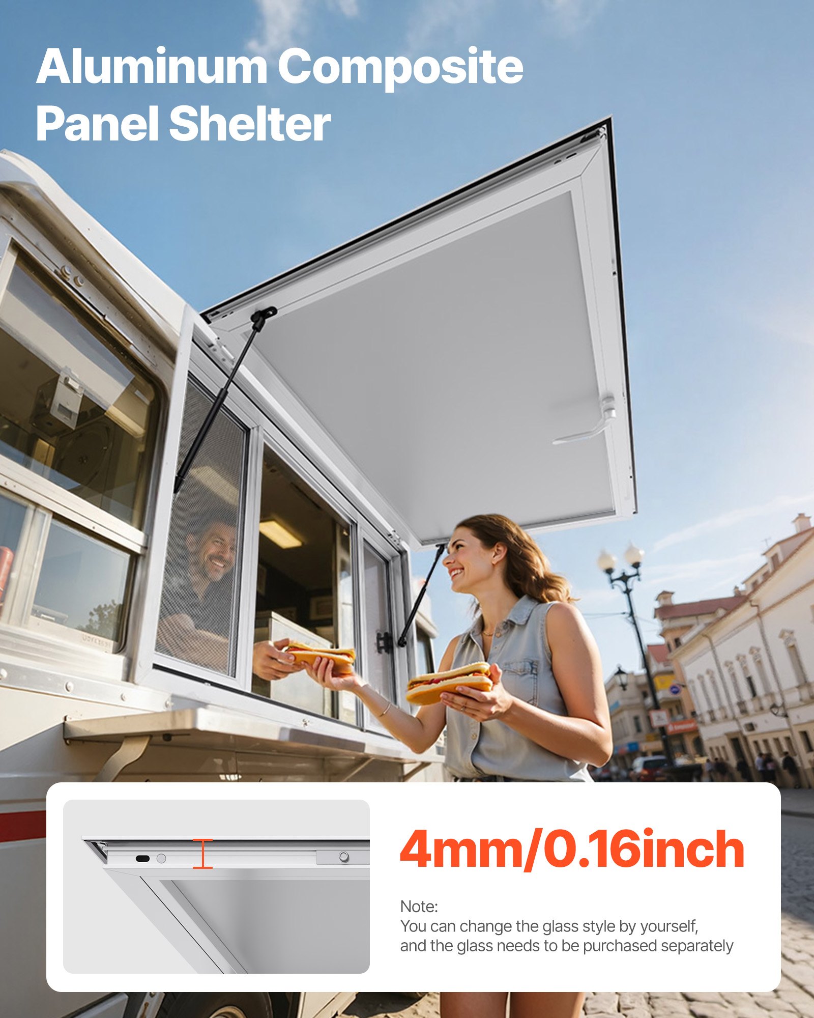VEVOR Ventana de Concesión de Aleación de Aluminio, para Camiones de Comida, con Ángulo de hasta 85 Grados, 4 Ventanas Corredizas, Puerta Abatible y Gancho de Arrastre, 1346 x 838 mm, Blanco