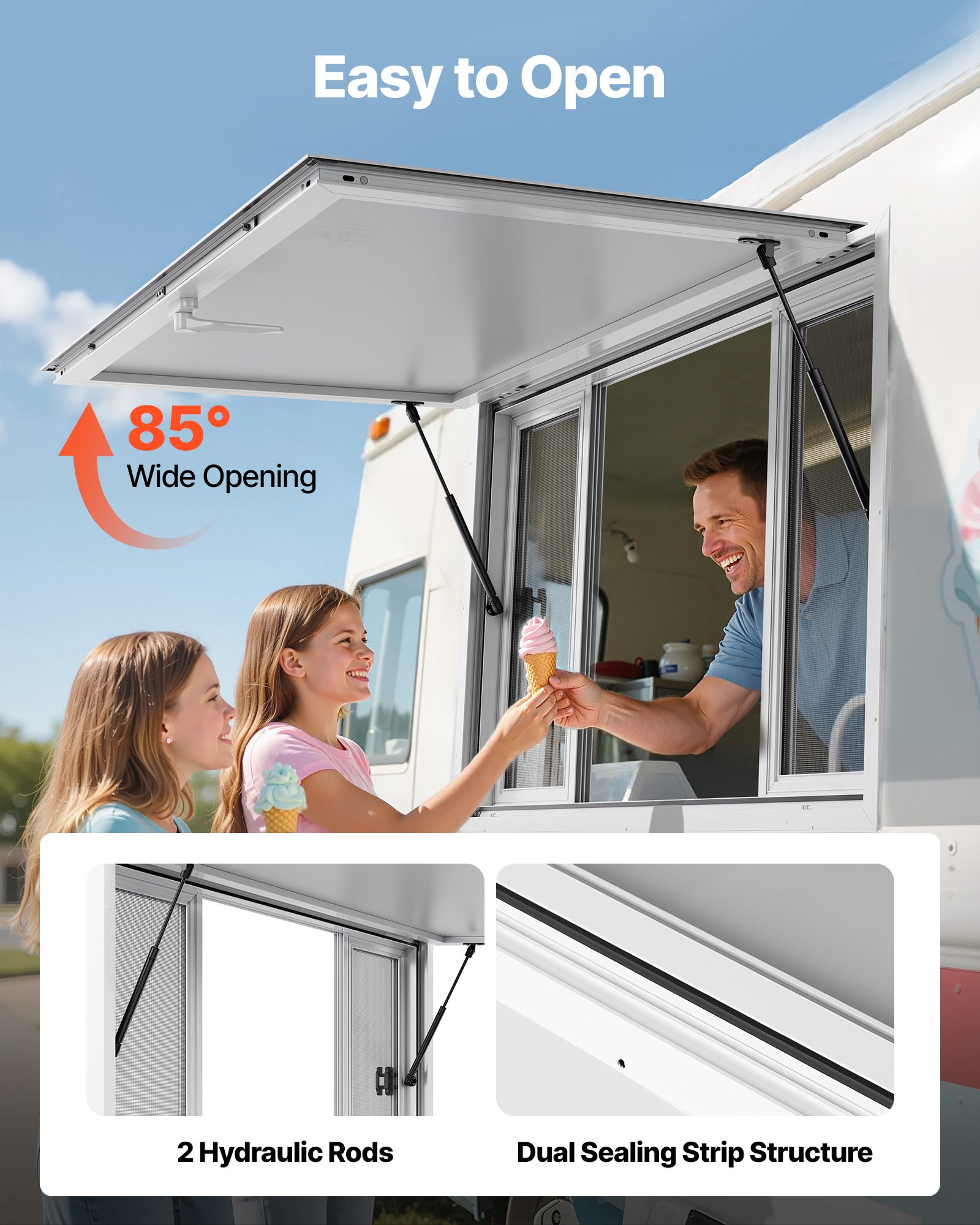 VEVOR Ventana de Concesión de Aleación de Aluminio, para Camiones de Comida, con Ángulo de hasta 85 Grados, 4 Ventanas Corredizas, Puerta Abatible y Gancho de Arrastre, 1346 x 838 mm, Blanco