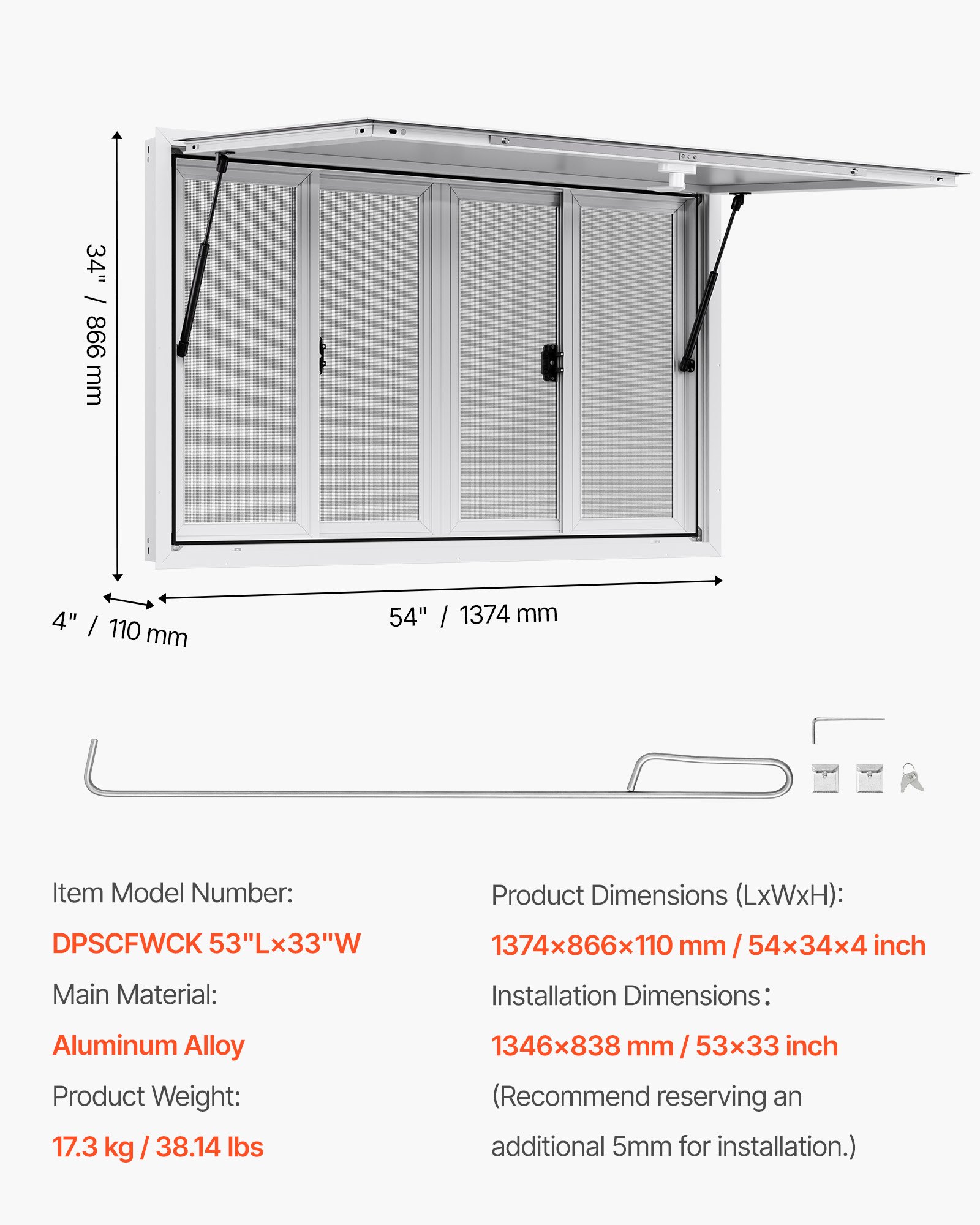 VEVOR Ventana de Concesión de Aleación de Aluminio, para Camiones de Comida, con Ángulo de hasta 85 Grados, 4 Ventanas Corredizas, Puerta Abatible y Gancho de Arrastre, 1346 x 838 mm, Blanco