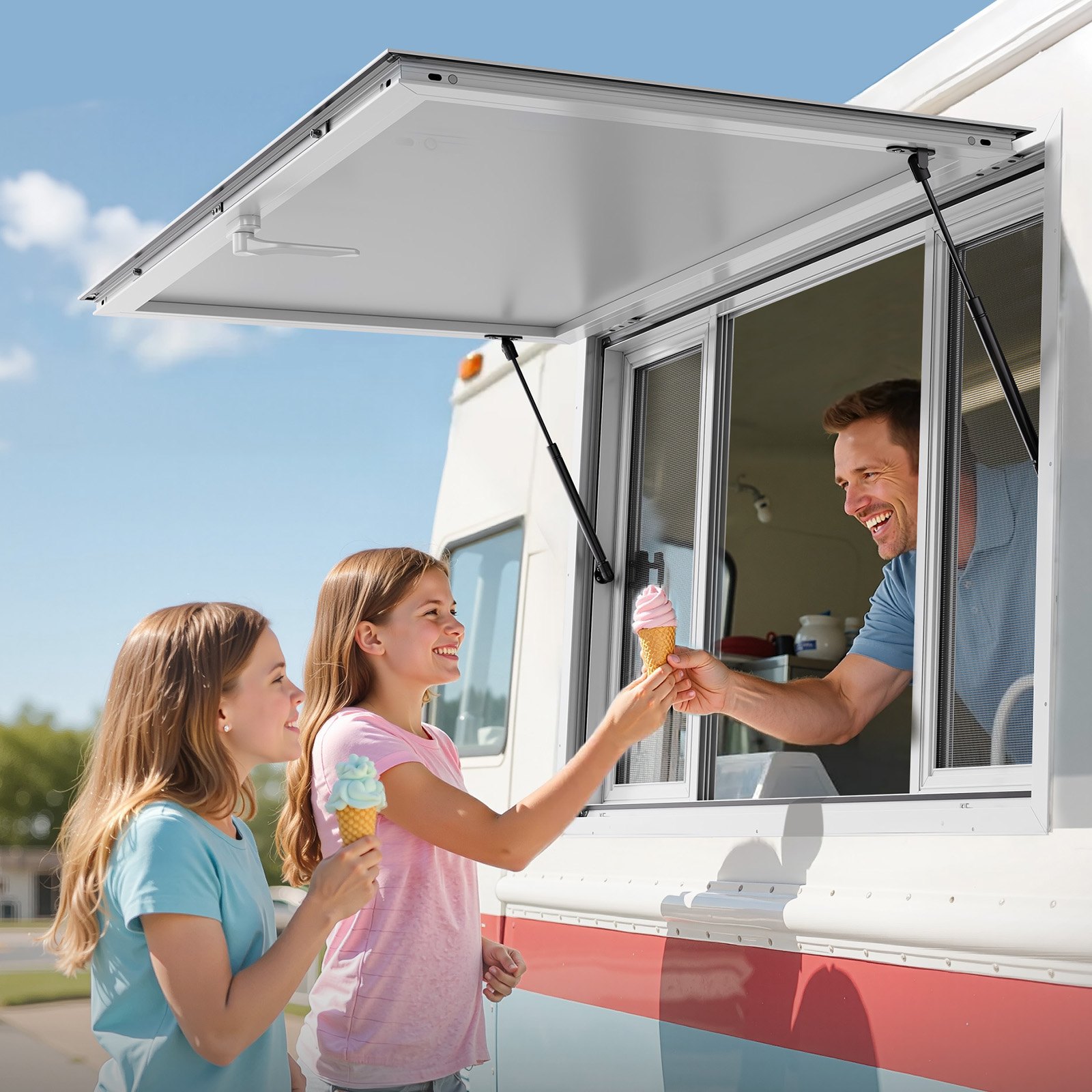 VEVOR Ventana de Concesión de Aleación de Aluminio, para Camiones de Comida, con Ángulo de hasta 85 Grados, 4 Ventanas Corredizas, Puerta Abatible y Gancho de Arrastre, 1346 x 838 mm, Blanco