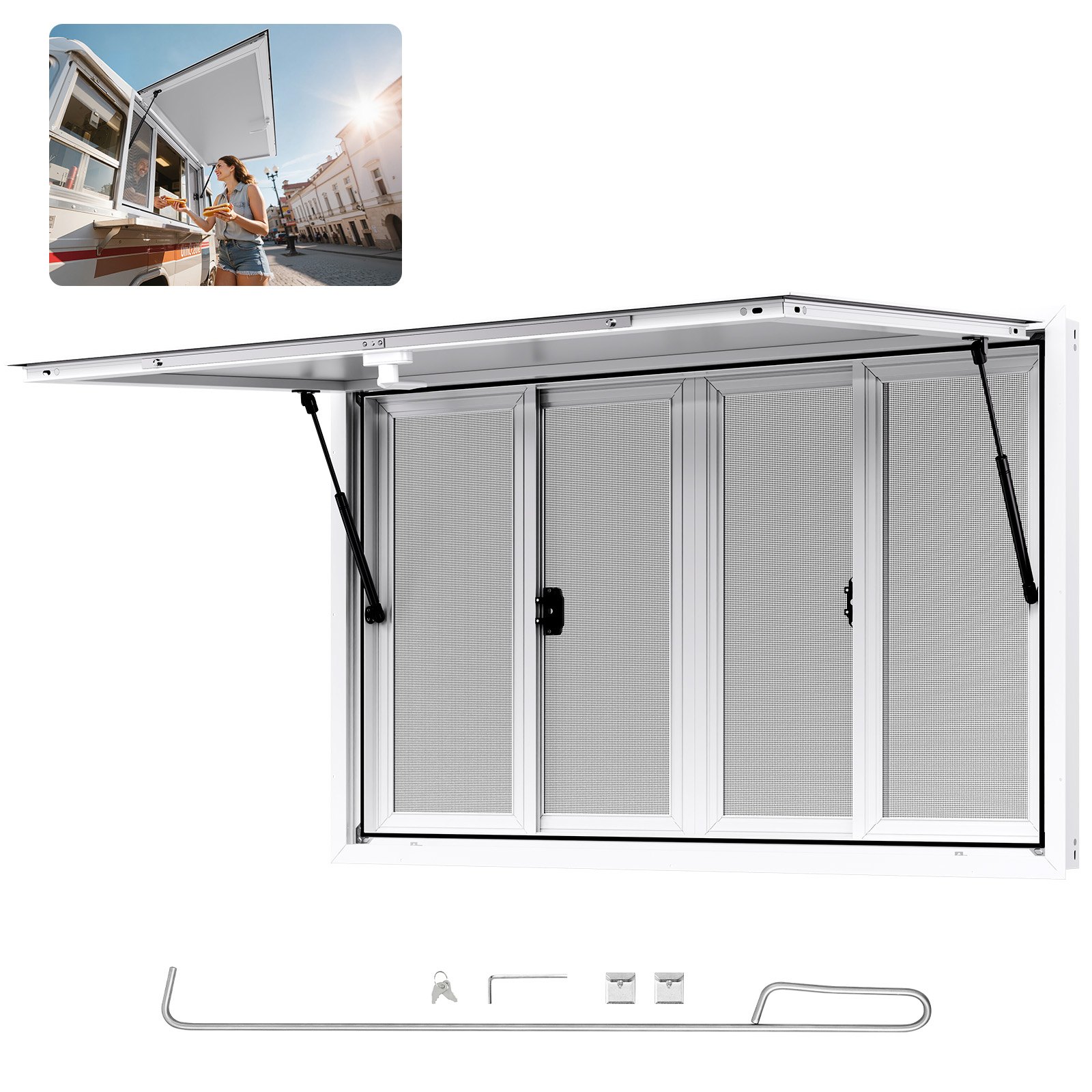 VEVOR Ventana de Concesión de Aleación de Aluminio, para Camiones de Comida, con Ángulo de hasta 85 Grados, 4 Ventanas Corredizas, Puerta Abatible y Gancho de Arrastre, 1346 x 838 mm, Blanco