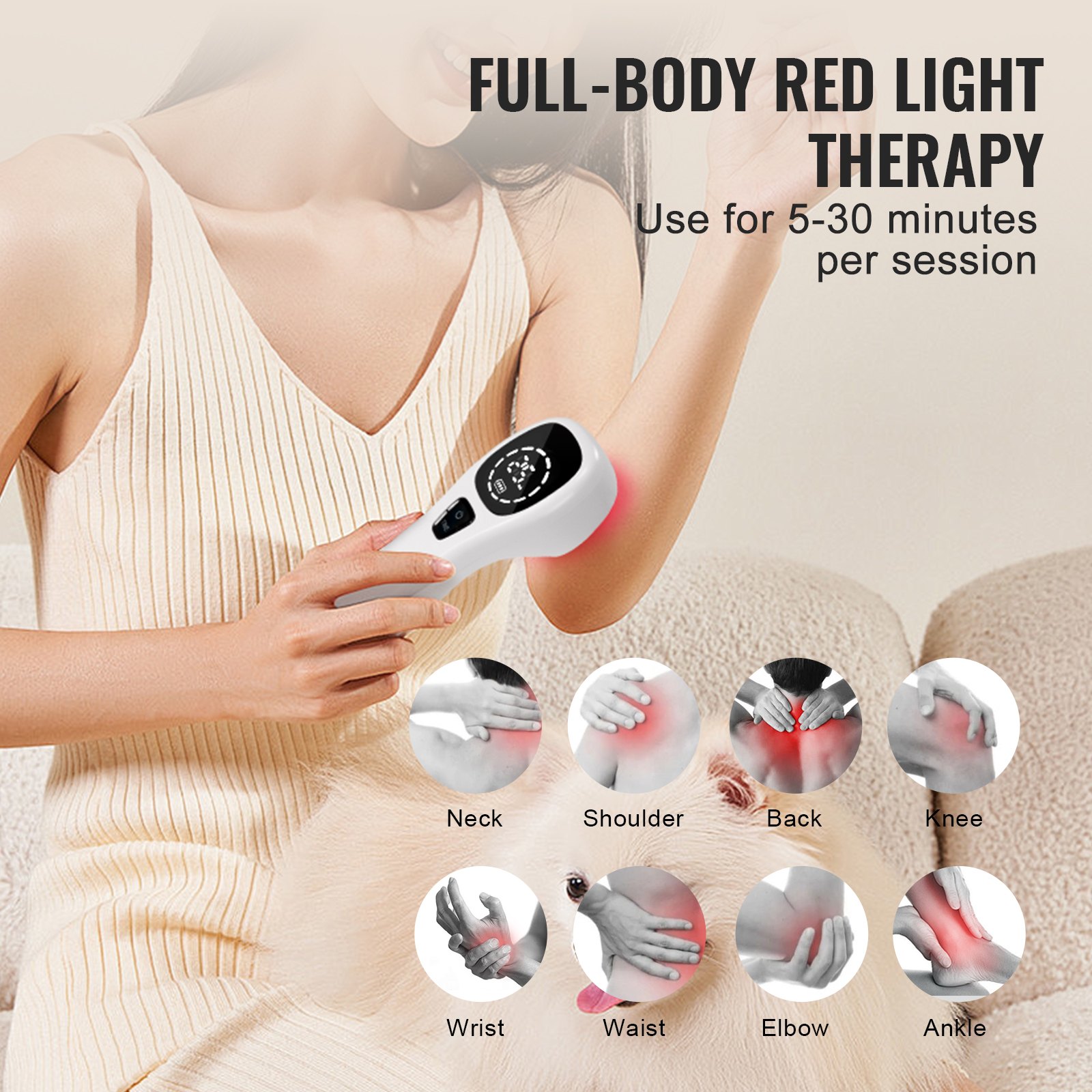 VEVOR Dispositivo de Terapia de Luz Roja 12x650 nm 4x808 nm Pantalla Led Portátil de Terapia de Luz Roja e Infrarroja Cercana para Aliviar Dolor Muscular en Mascotas