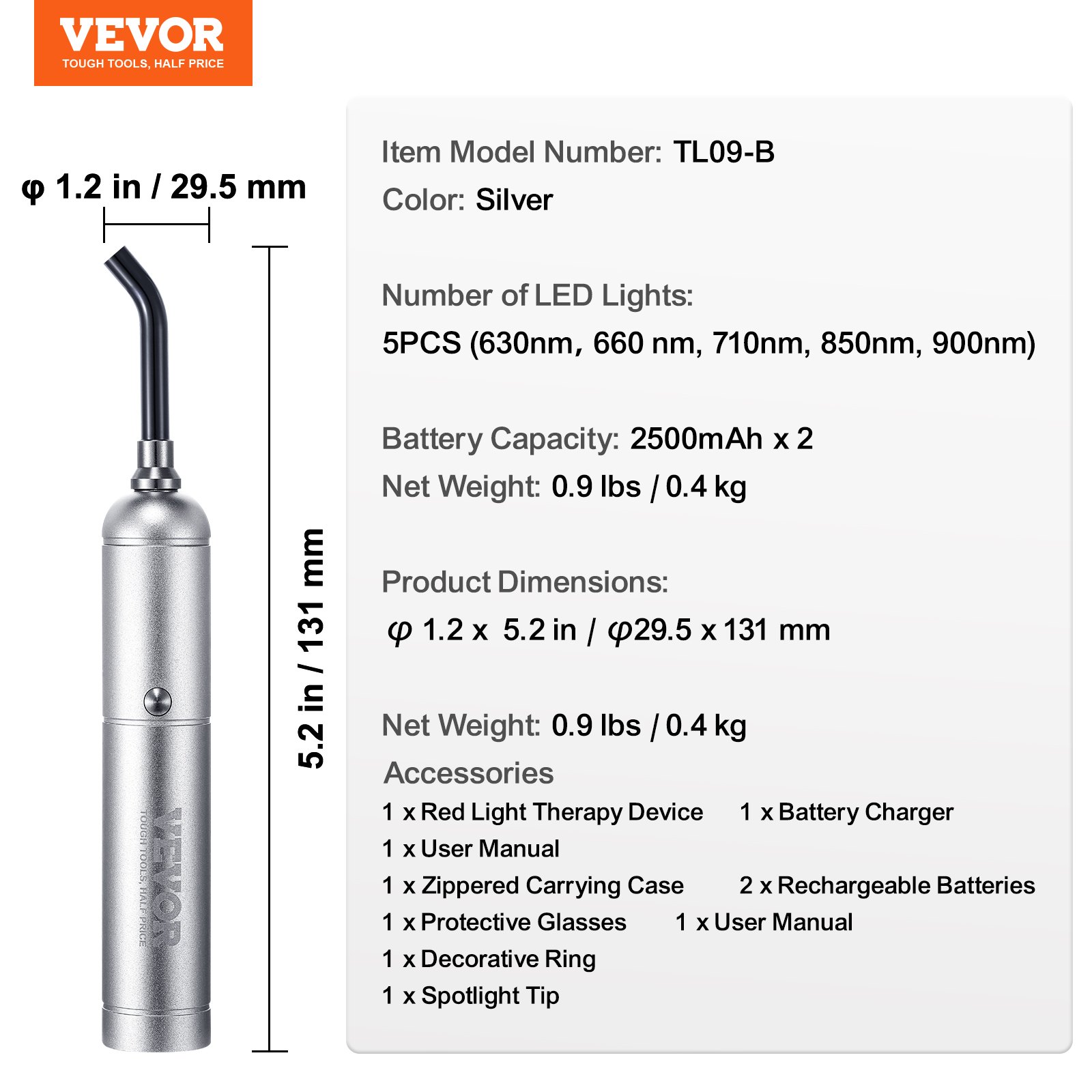 VEVOR Dispositivo de Terapia de Luz Roja Punta Extraíble Varita de Terapia de Luz 2 en 1 Modo de Pulso de 5 Longitudes de Onda Alivio del Dolor Para Cara, Cuerpo, Articulaciones, Boca, Nariz, Orejas
