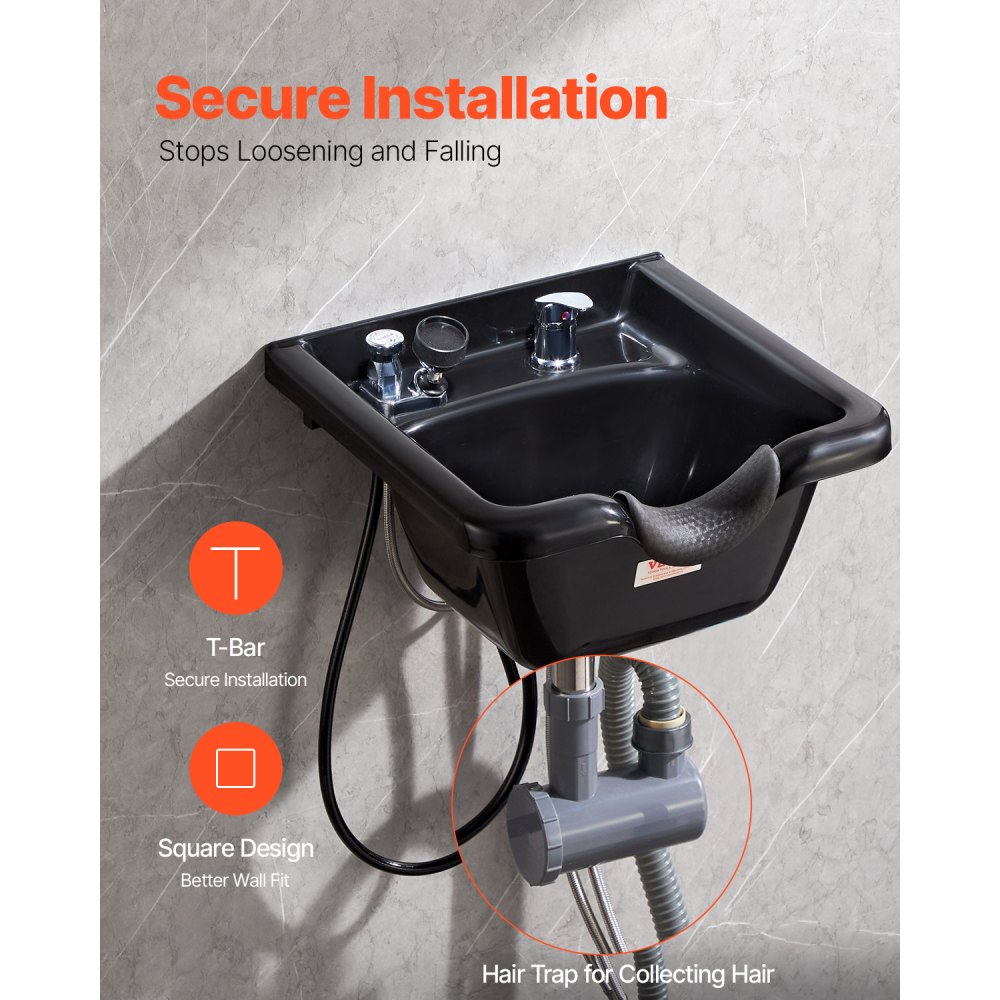 VEVOR Fregadero Móvil para Peluquería Cuenco para Champú de Plástico ABS de 47 x 46 x 25 cm, Fregadero Invertido con Accesorios de Instalación para Peluquería, Salón de Belleza, Centro de Spa, Negro