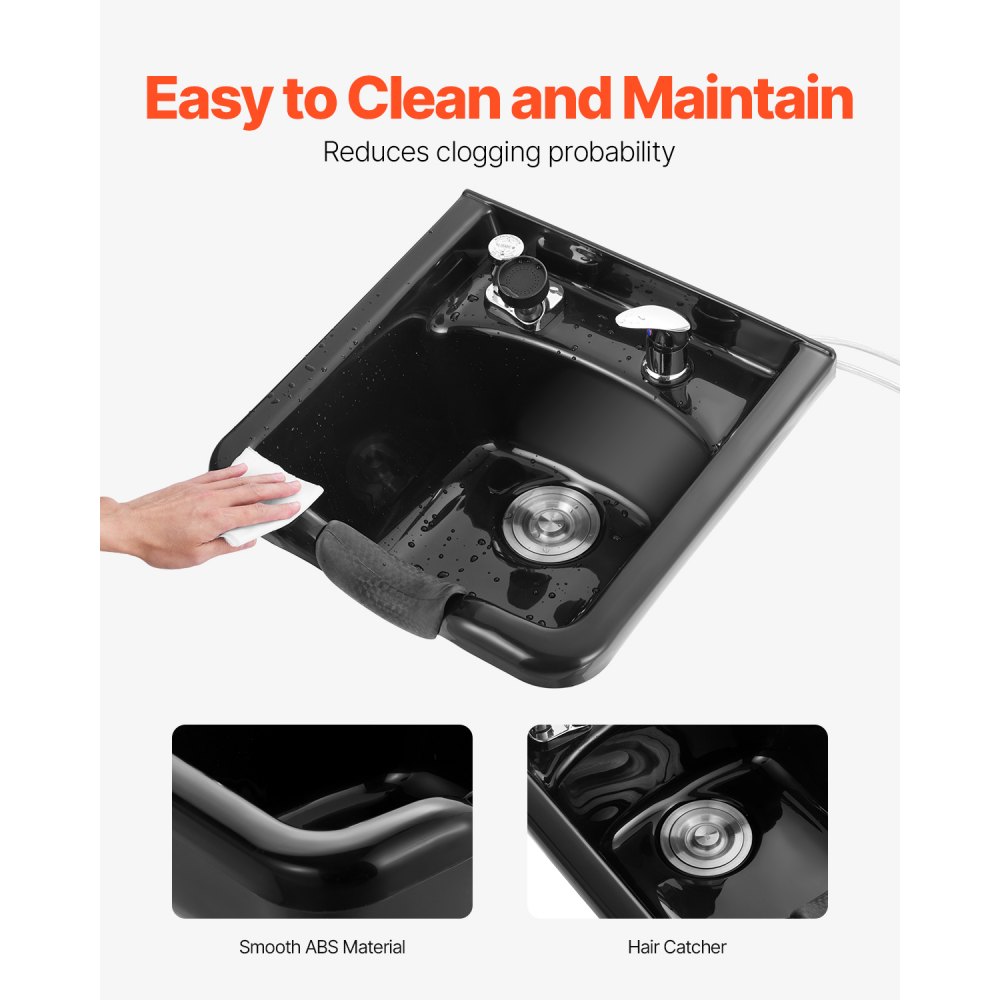 VEVOR Fregadero Móvil para Peluquería Cuenco para Champú de Plástico ABS de 47 x 46 x 25 cm, Fregadero Invertido con Accesorios de Instalación para Peluquería, Salón de Belleza, Centro de Spa, Negro