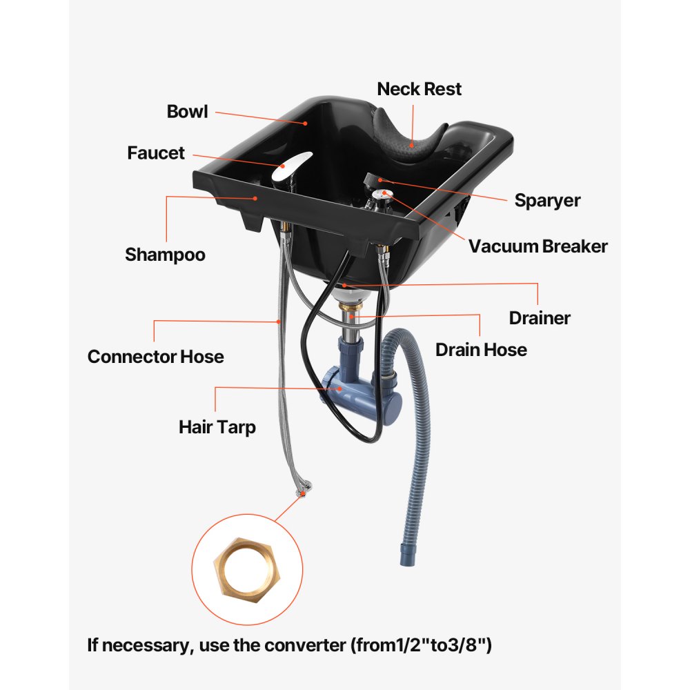 VEVOR Fregadero Móvil para Peluquería Cuenco para Champú de Plástico ABS de 47 x 46 x 25 cm, Fregadero Invertido con Accesorios de Instalación para Peluquería, Salón de Belleza, Centro de Spa, Negro