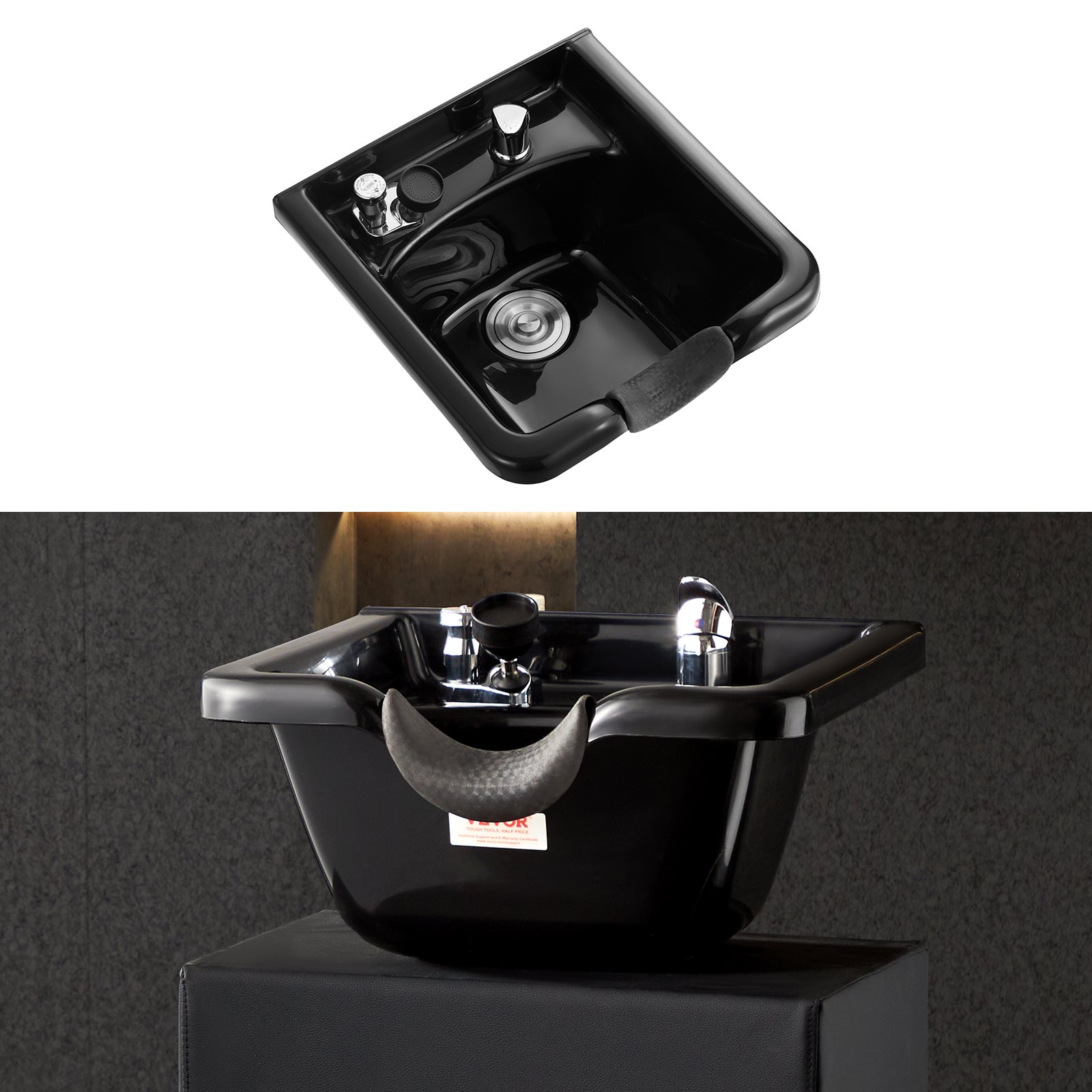 VEVOR Fregadero Móvil para Peluquería Cuenco para Champú de Plástico ABS de 47 x 46 x 25 cm, Fregadero Invertido con Accesorios de Instalación para Peluquería, Salón de Belleza, Centro de Spa, Negro