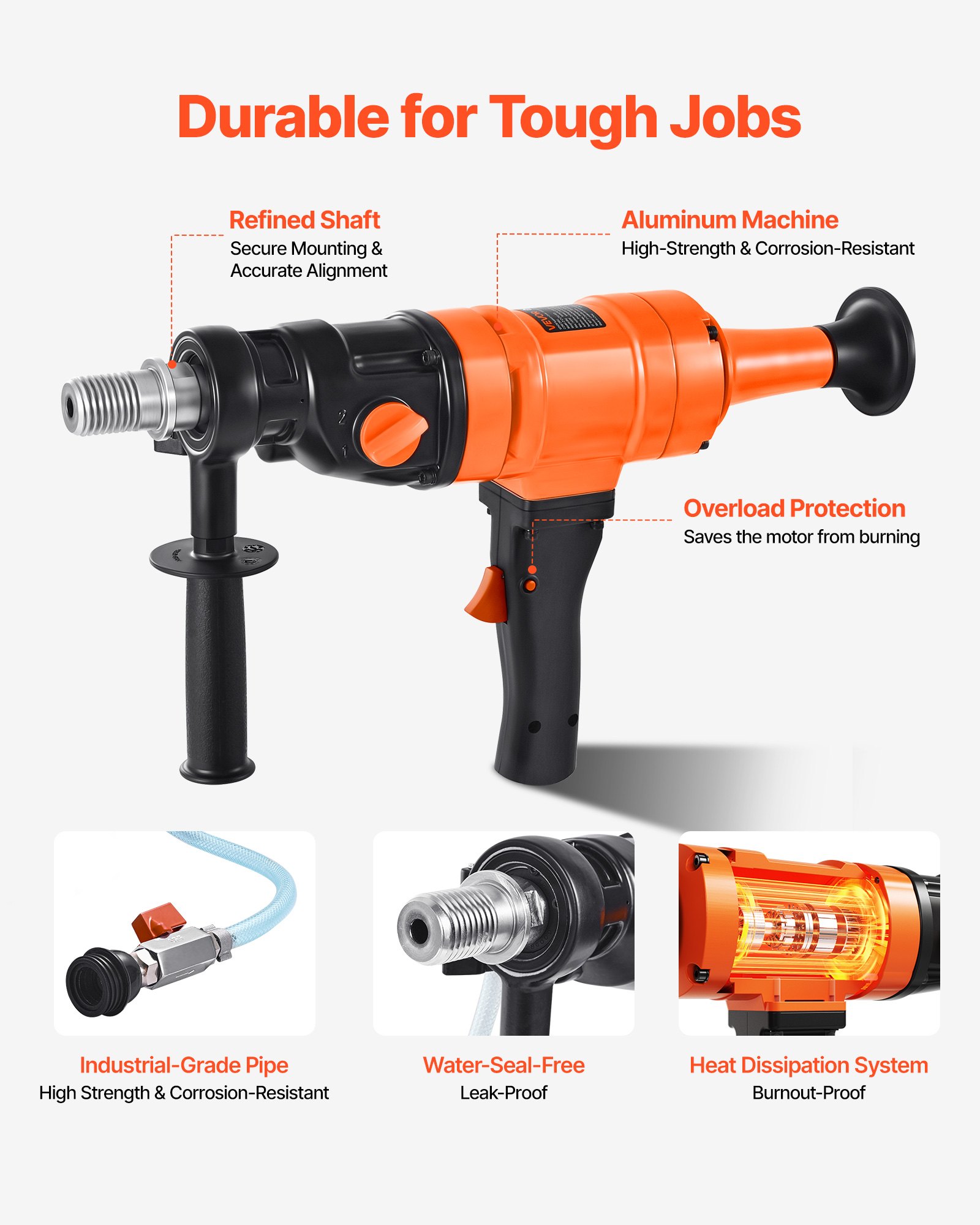 VEVOR Diamond Core Drilling Machine, 200 mm Drilling Diameter, Handheld Dry and Wet Concrete Core Drill Rig with 4 Drill Bits, 1000/2250 RPM 2-Speed, UNC1 1/4-7 Thread, for Concrete Brick Stone, 1500W