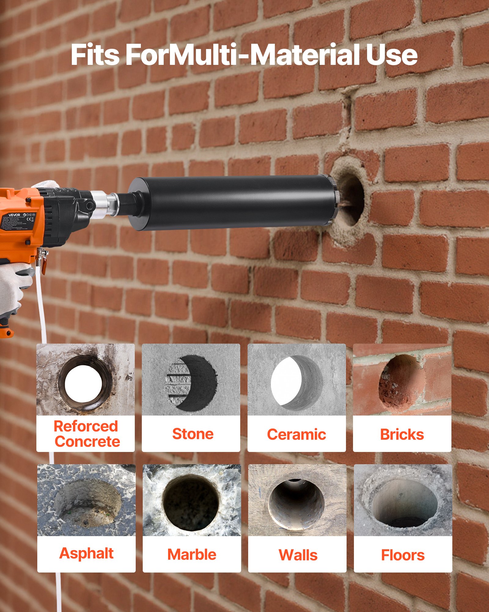 VEVOR Diamond Core Drilling Machine, 20-160 mm Drilling Diameter, Handheld Dry and Wet Concrete Core Drill Rig with 4 Drill Bits, 0-1800RPM Variable Speed, UNC1 1/4-7, for Concrete Brick Stone, 2000W