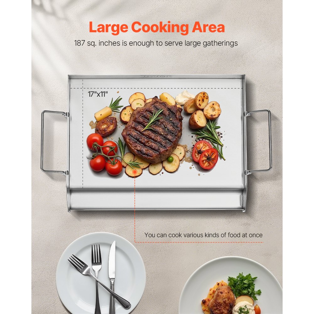 VEVOR Parrilla de Acero Inoxidable con Placa Rectangular Universal 425 x 270 mm con Superficie Plana, Plancha de Gas para Barbacoa, Utensilios de Cocina Portátiles con Asa, Color Acero Original