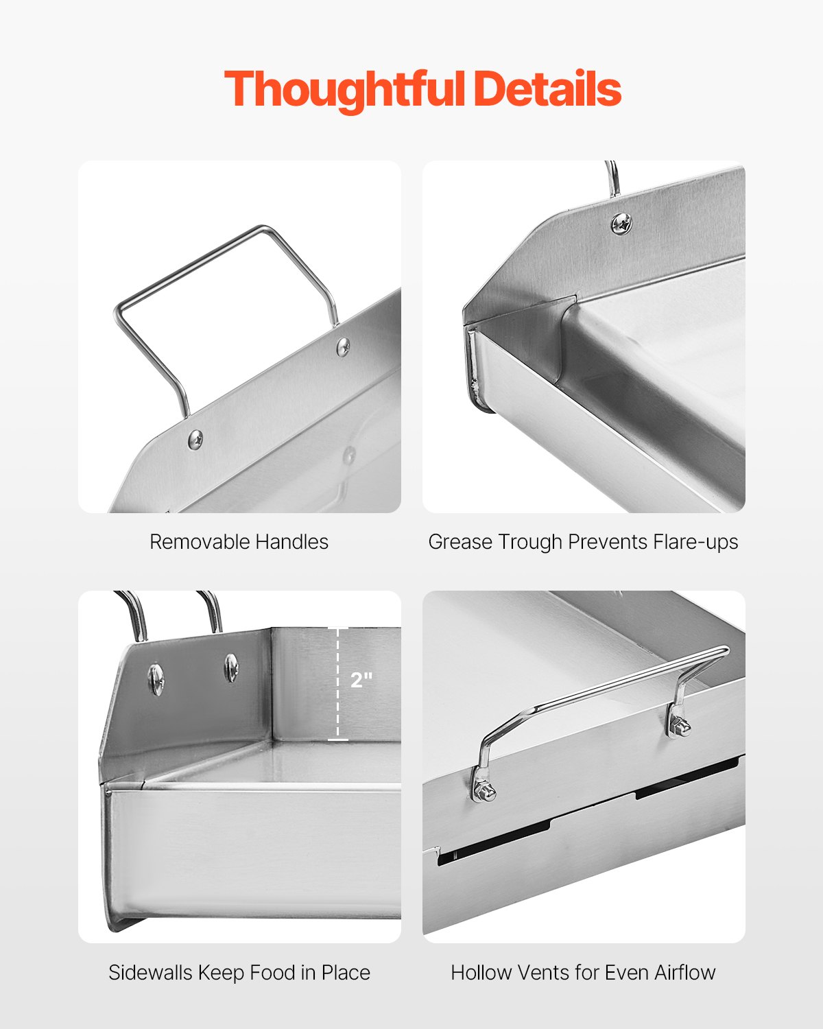 VEVOR Parrilla de Acero Inoxidable con Placa Rectangular Universal 425 x 270 mm con Superficie Plana, Plancha de Gas para Barbacoa, Utensilios de Cocina Portátiles con Asa, Color Acero Original