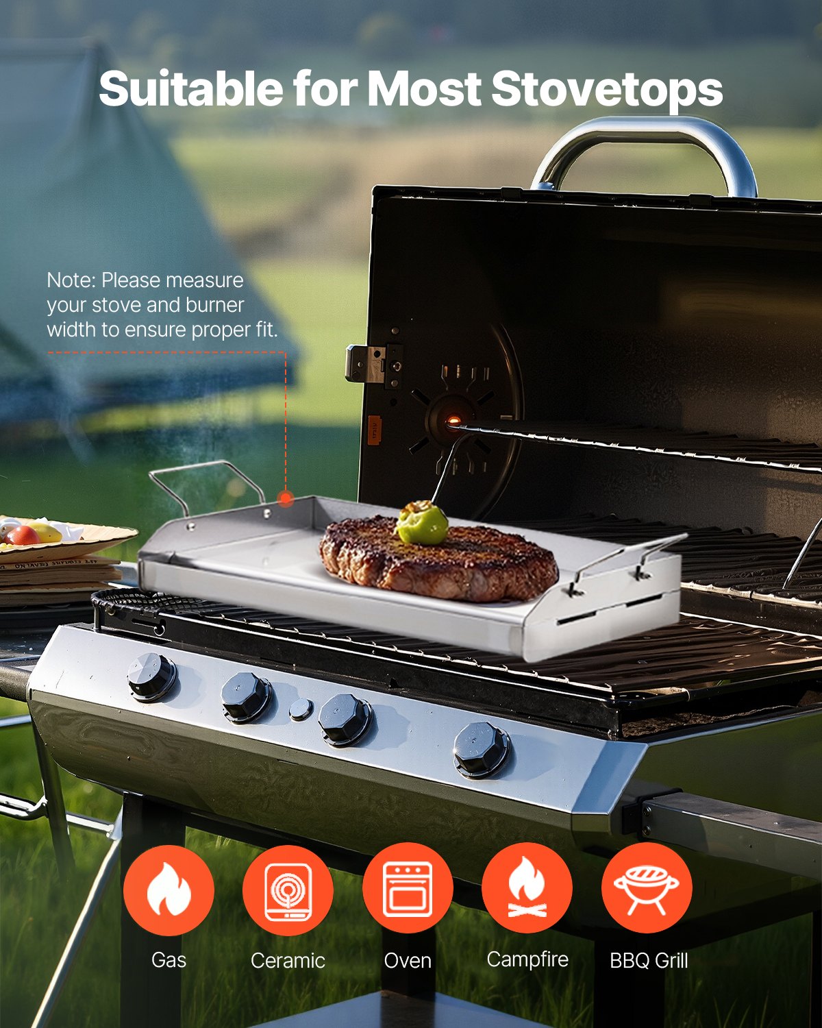 VEVOR Parrilla de Acero Inoxidable con Placa Rectangular Universal 425 x 270 mm con Superficie Plana, Plancha de Gas para Barbacoa, Utensilios de Cocina Portátiles con Asa, Color Acero Original