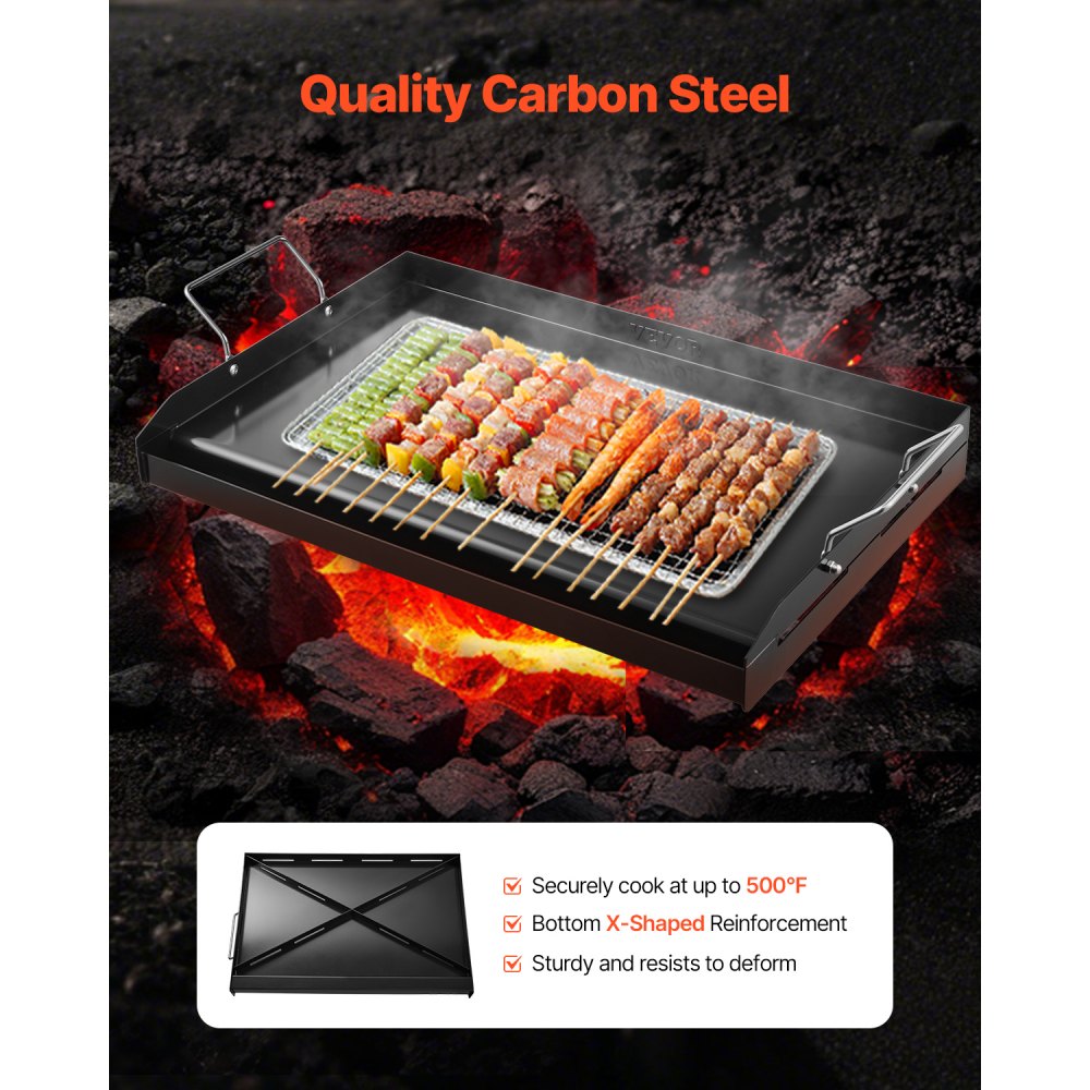 VEVOR Parrilla de Acero al Carbono Universal Rectangular 605 x 360 mm con Superficie Plana Espaciosa, Plancha de Gas para Barbacoa, Teppanyaki, Utensilios de Cocina Familiares Portátiles con Asa