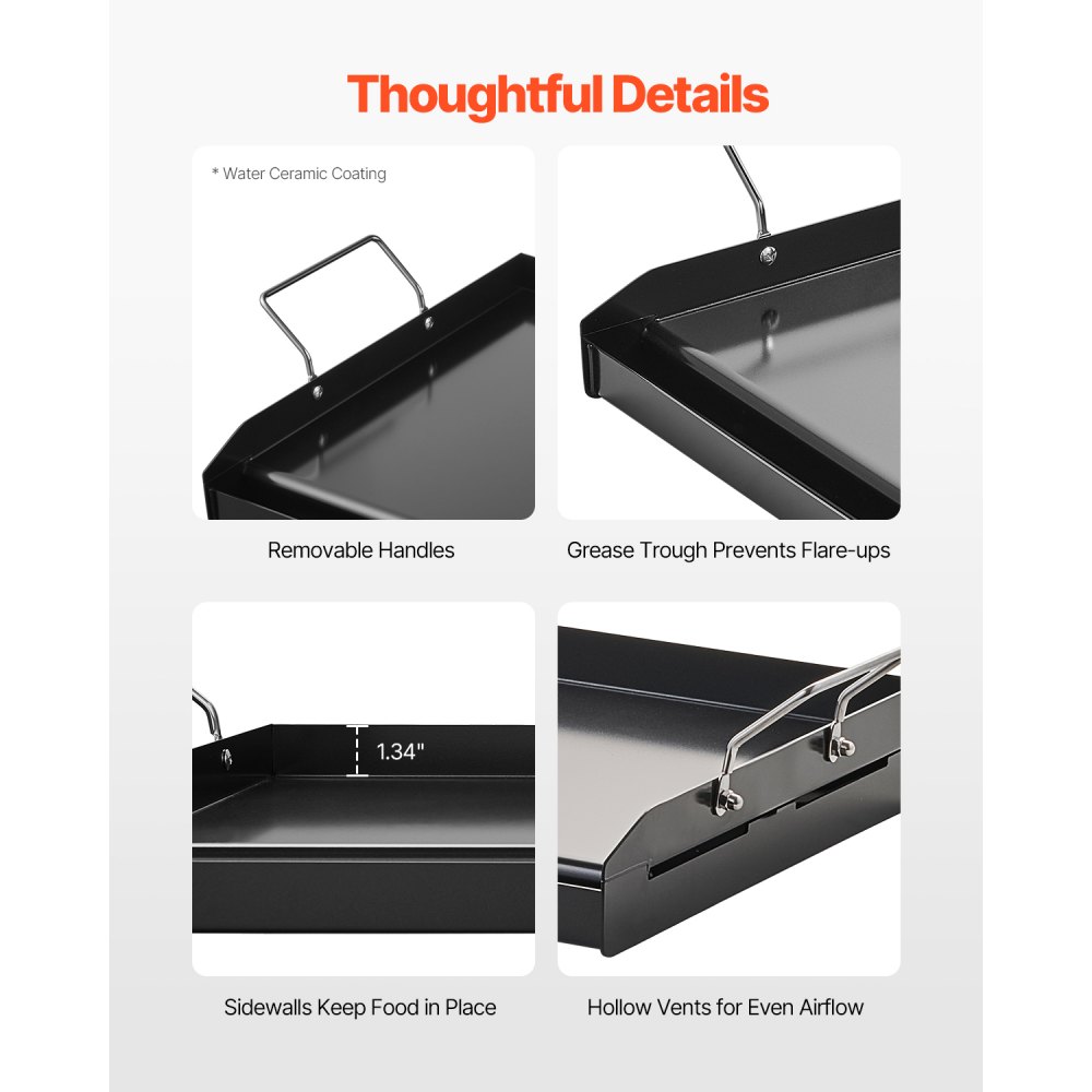 VEVOR Parrilla de Acero al Carbono Universal Rectangular 605 x 360 mm con Superficie Plana Espaciosa, Plancha de Gas para Barbacoa, Teppanyaki, Utensilios de Cocina Familiares Portátiles con Asa