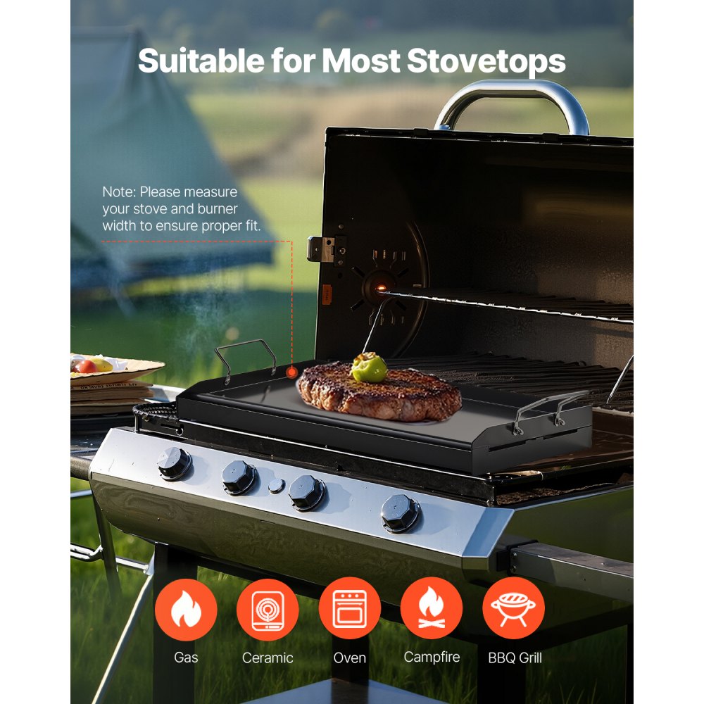 VEVOR Parrilla de Acero al Carbono Universal Rectangular 605 x 360 mm con Superficie Plana Espaciosa, Plancha de Gas para Barbacoa, Teppanyaki, Utensilios de Cocina Familiares Portátiles con Asa