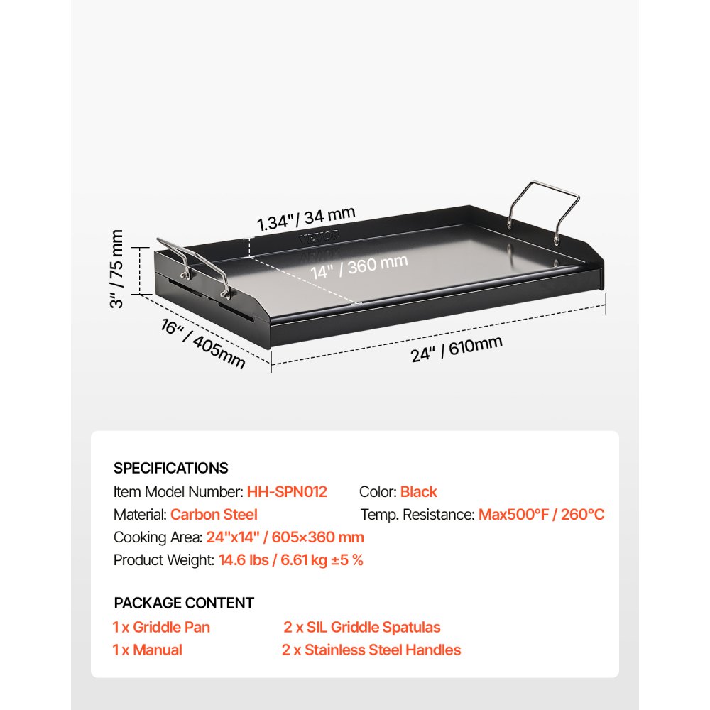 VEVOR Parrilla de Acero al Carbono Universal Rectangular 605 x 360 mm con Superficie Plana Espaciosa, Plancha de Gas para Barbacoa, Teppanyaki, Utensilios de Cocina Familiares Portátiles con Asa
