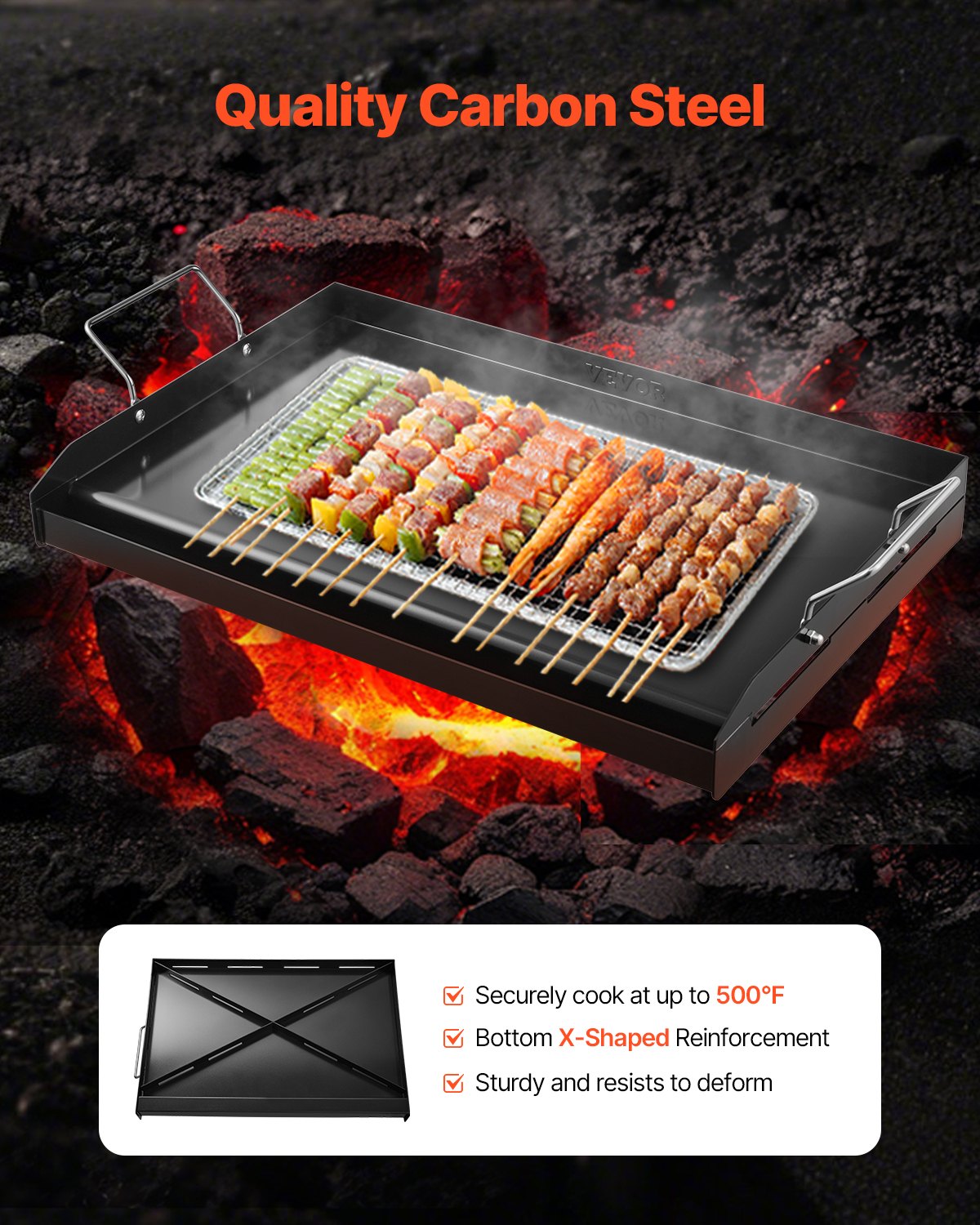 VEVOR Parrilla de Acero al Carbono Universal Rectangular 605 x 360 mm con Superficie Plana Espaciosa, Plancha de Gas para Barbacoa, Teppanyaki, Utensilios de Cocina Familiares Portátiles con Asa