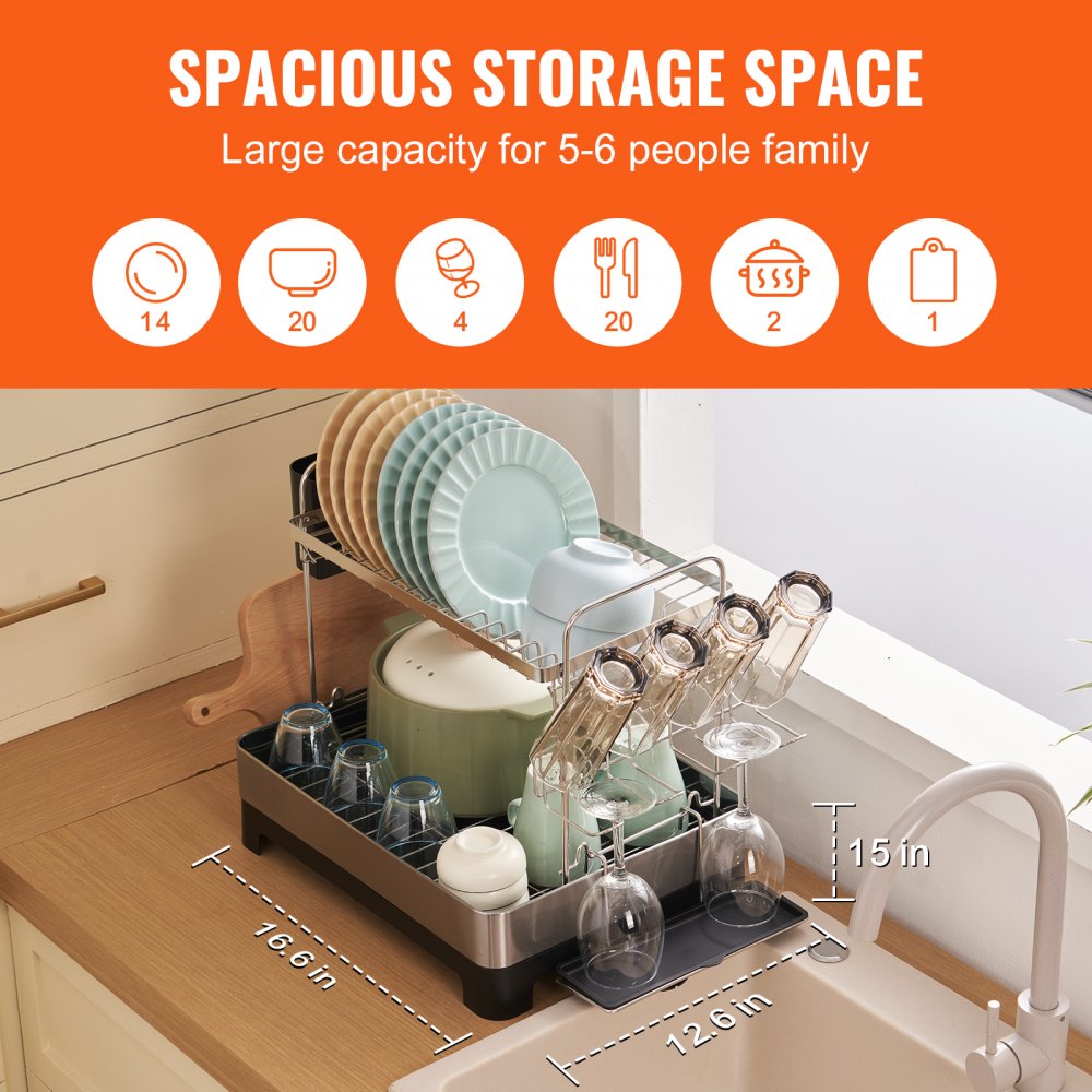 VEVOR Escurreplatos sobre Fregadero de 2 Niveles Escurridor de Platos de Acero Inoxidable y PP Estante de Secado de Platos 42x32x38,5cm con Bandeja de Escurrido Porta Utensilios Extraíble Caño de 360°
