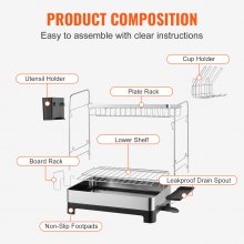VEVOR Escurreplatos sobre Fregadero de 2 Niveles Escurridor de Platos de Acero Inoxidable y PP Estante de Secado de Platos 42x32x38,5cm con Bandeja de Escurrido Porta Utensilios Extraíble Caño de 360°