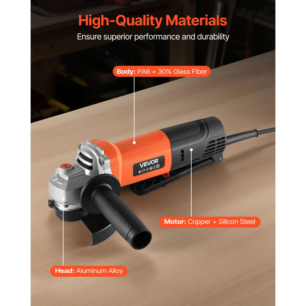 VEVOR Amoladora Angular Eléctrica con Cable, 4,5 A, 12 000 RPM, con Cubierta Antipolvo Ajustable, para Amolar, Cortar y Eliminar Óxido de Metal, Compatible con Disco 114,3 mm, 270 x 90 x 75 mm