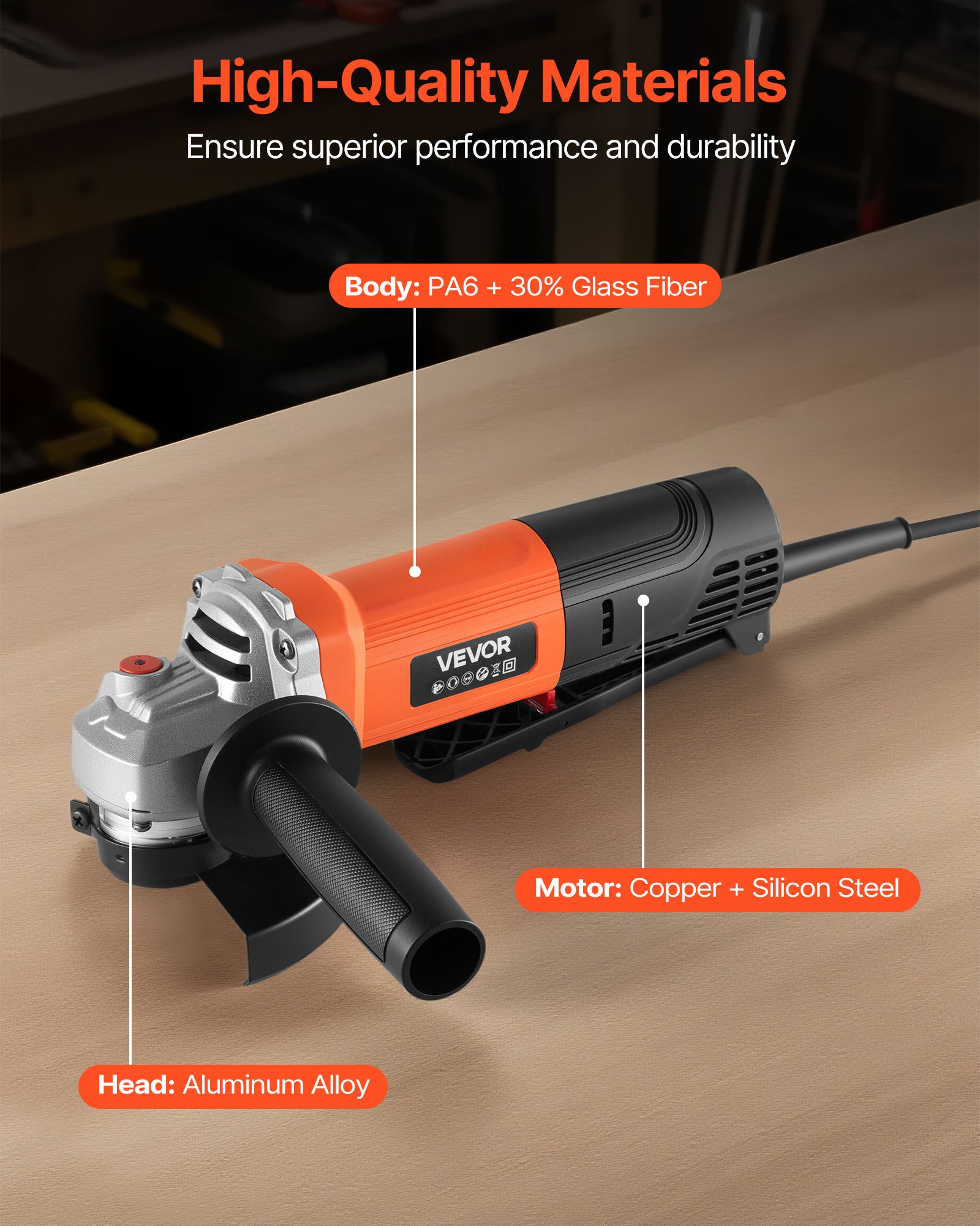 VEVOR Amoladora Angular Eléctrica con Cable, 4,5 A, 12 000 RPM, con Cubierta Antipolvo Ajustable, para Amolar, Cortar y Eliminar Óxido de Metal, Compatible con Disco 114,3 mm, 270 x 90 x 75 mm