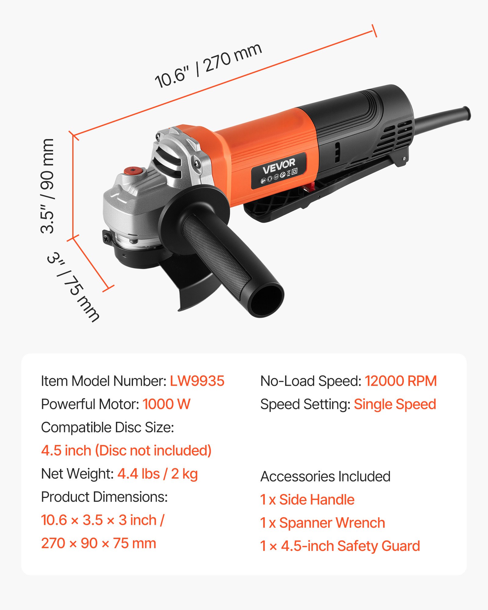 VEVOR Amoladora Angular Eléctrica con Cable, 4,5 A, 12 000 RPM, con Cubierta Antipolvo Ajustable, para Amolar, Cortar y Eliminar Óxido de Metal, Compatible con Disco 114,3 mm, 270 x 90 x 75 mm
