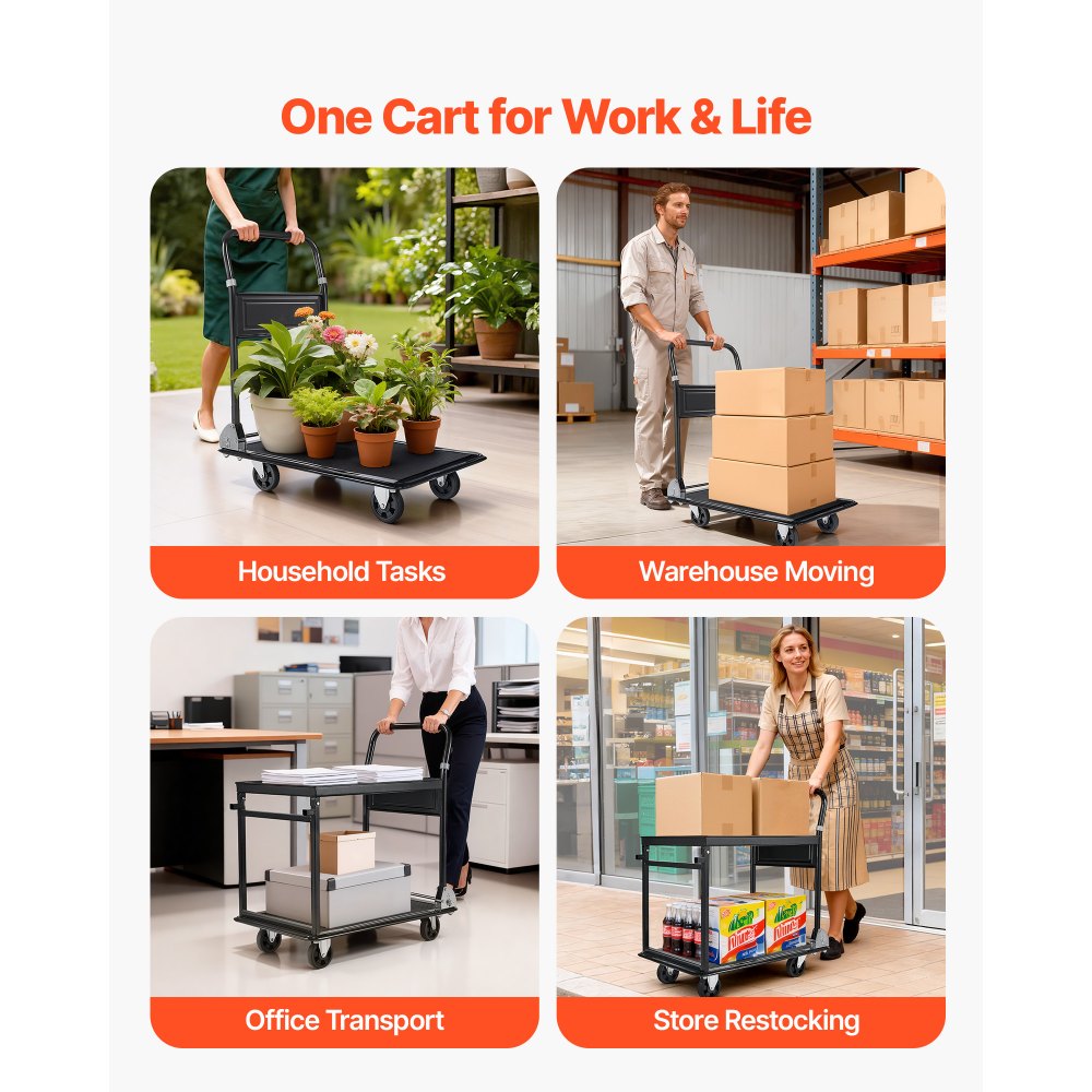 VEVOR Carro Plataforma Plegable de 2 Niveles 73 x 47 cm, Carretilla de Transporte Carga de 317,51 kg, Carrito de Empuje con Plataforma con Ruedas de PU de 102 mm, para Tareas Domésticas, Almacén