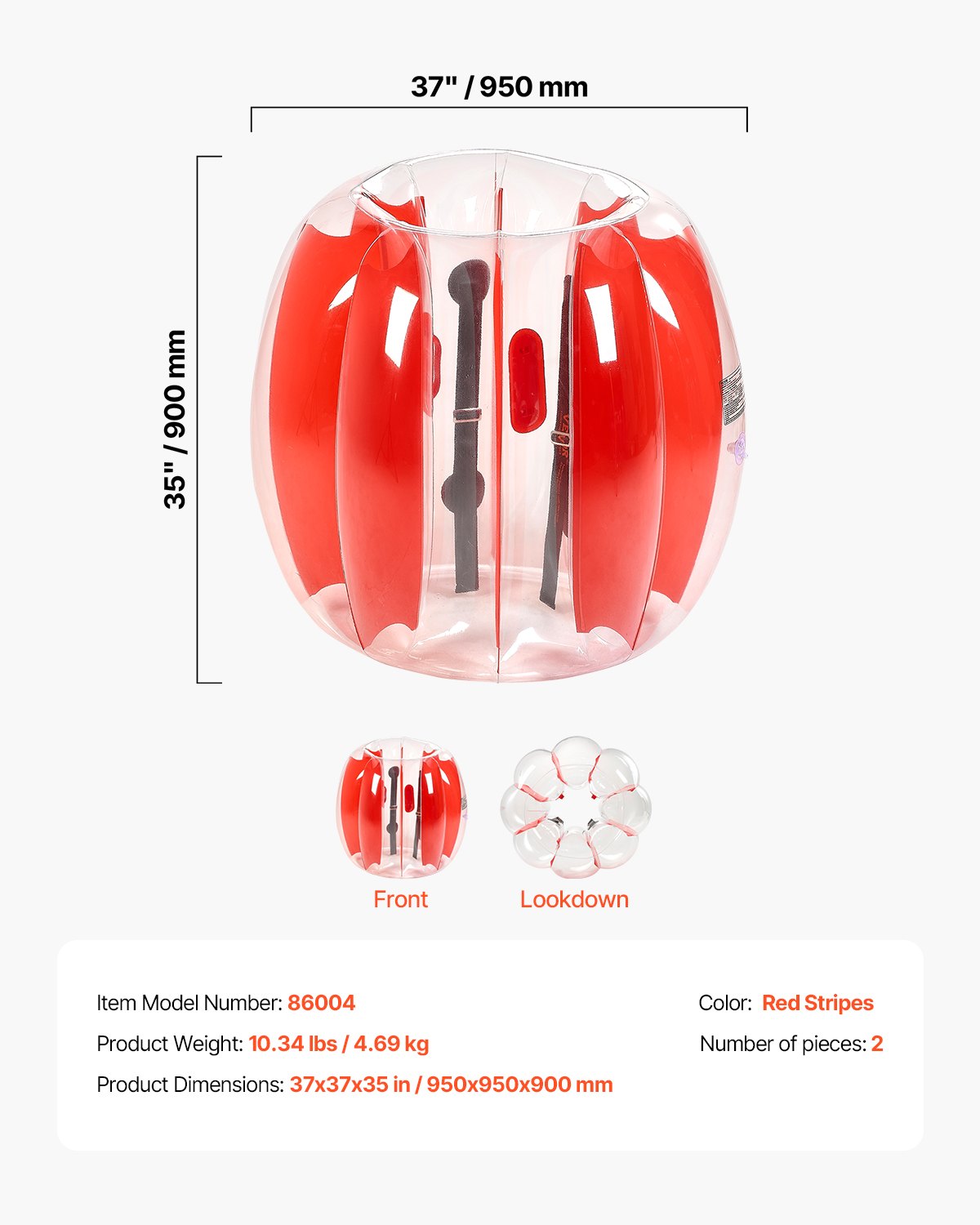 VEVOR 2 Pelotas de Parachoques Inflables, 0,9 m, Diseño de Sumo, Resistente y Grueso, de PVC, Ideal para Juegos de Equipo al Aire Libre, Parques Infantiles, con Rayas Rojas, 950 x 950 x 900 mm