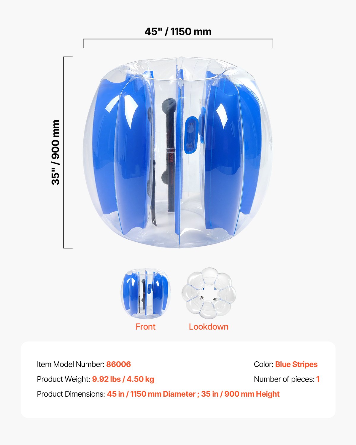 VEVOR Pelotas de Parachoques Inflables, Diseño de Sumo, Resistente y Gruesa Bola de PVC con Forma de Hámster Humano, para Deportes al Aire Libre, Jardín, Patio, Rayas Azules, 1150 x 1150 x 900 mm