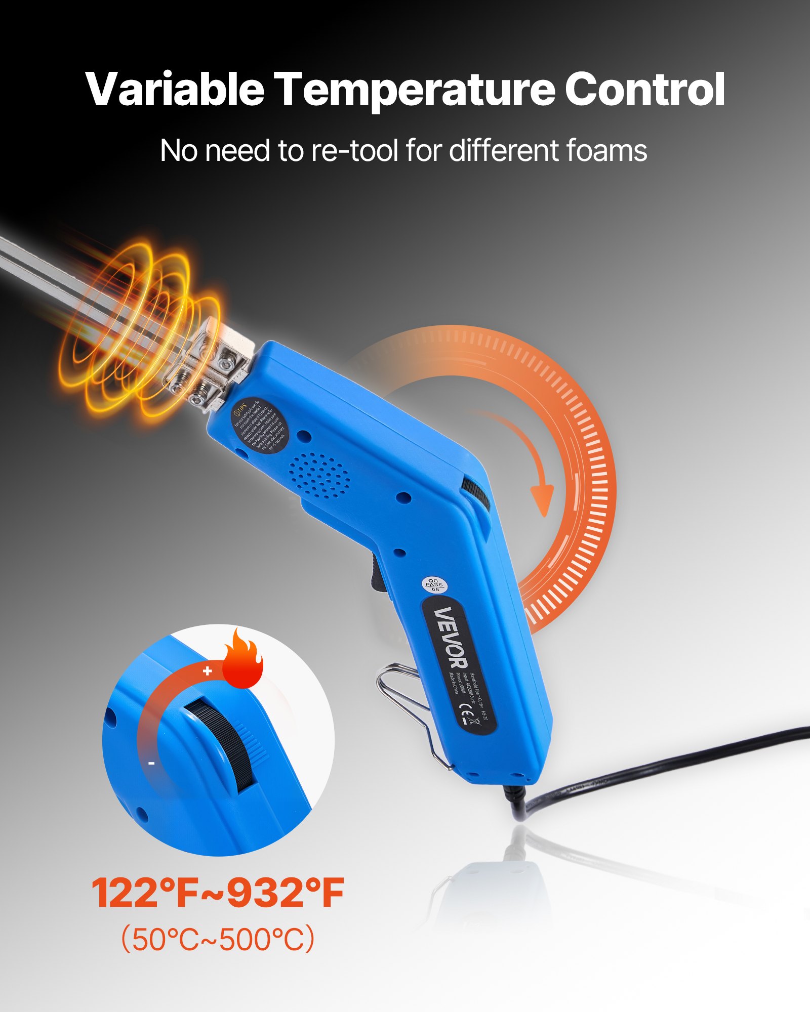 VEVOR Hot Knife Foam Cutter, 200W Electric Foam Cutting Tool, 50℃ - 500℃ Adjustable Styrofoam Cutter with 150mm & 200mm Cutting Blades for KT Board, Polyethylene, Sponge, Rubber - Tool Box Included