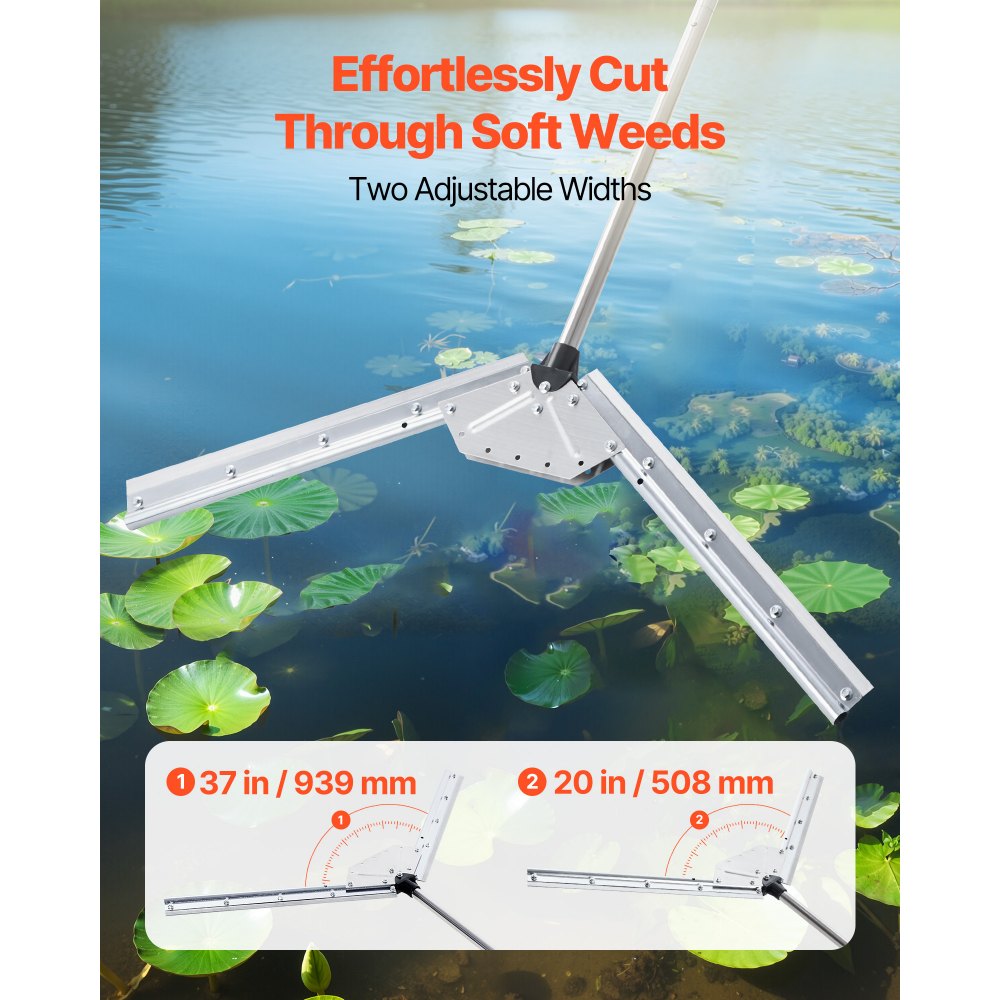 VEVOR Lake Weed Cutter, Pond Aquatic Plant Cutting Tool with 0.94 m Max. Cut Width, Sharp and Heavy-Duty Steel Blades, Pond Rake with 9 m Throw Rope, for Cattail, Phragmites, Lilly Pads and Chara