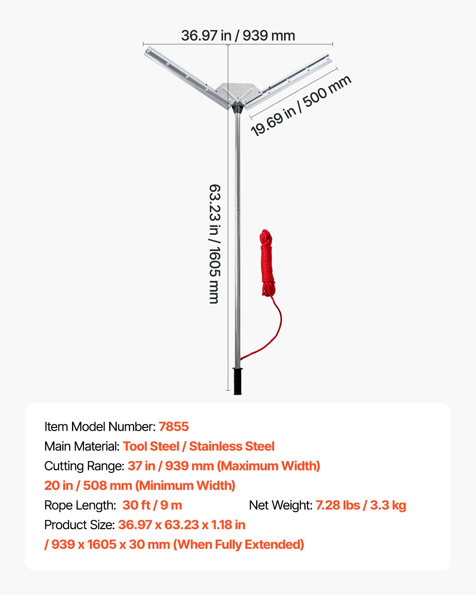 VEVOR Lake Weed Cutter, Pond Aquatic Plant Cutting Tool with 0.94 m Max. Cut Width, Sharp and Heavy-Duty Steel Blades, Pond Rake with 9 m Throw Rope, for Cattail, Phragmites, Lilly Pads and Chara