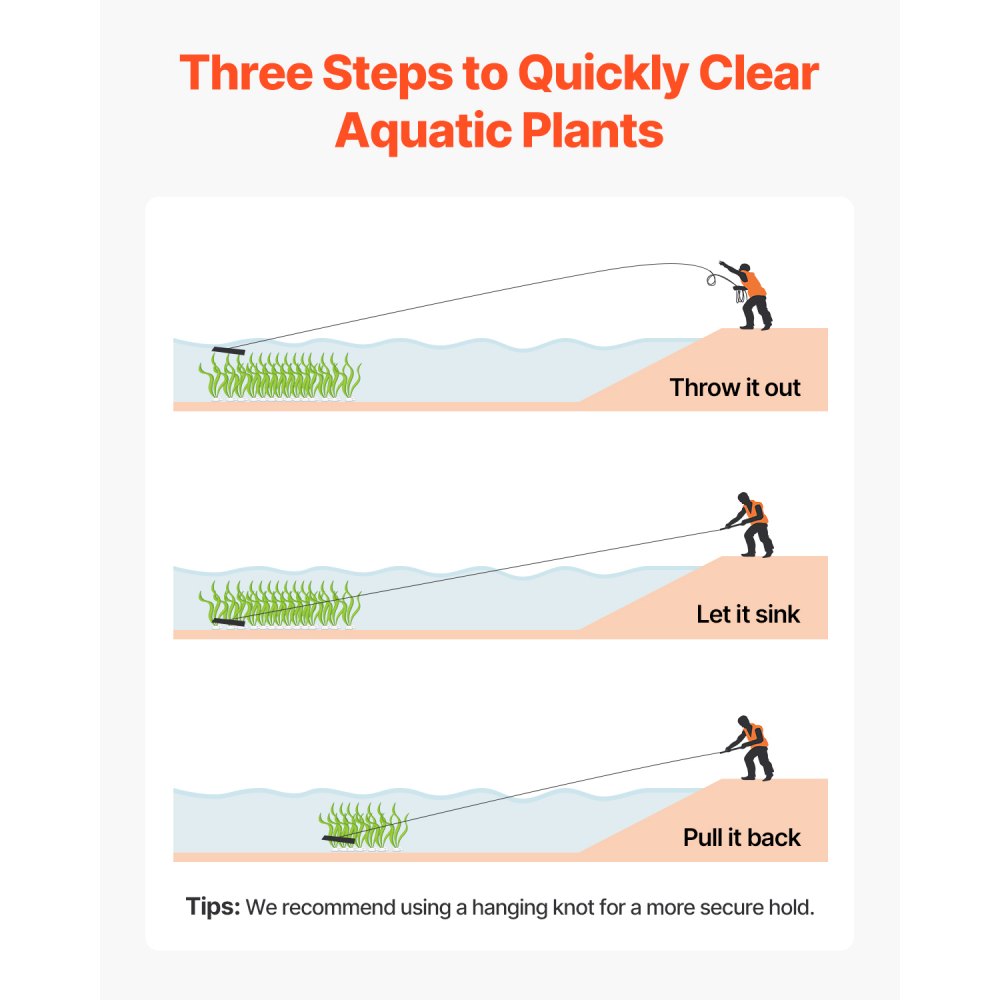 VEVOR Rastrillo para Malezas Acuáticas, Rastrillo para Malezas de Lago de Doble Cara de 810 x 495 x 165 mm, Herramienta Ligera con Cuerda de 9 m para Limpiar Estanques, Lagos y Riachuelos