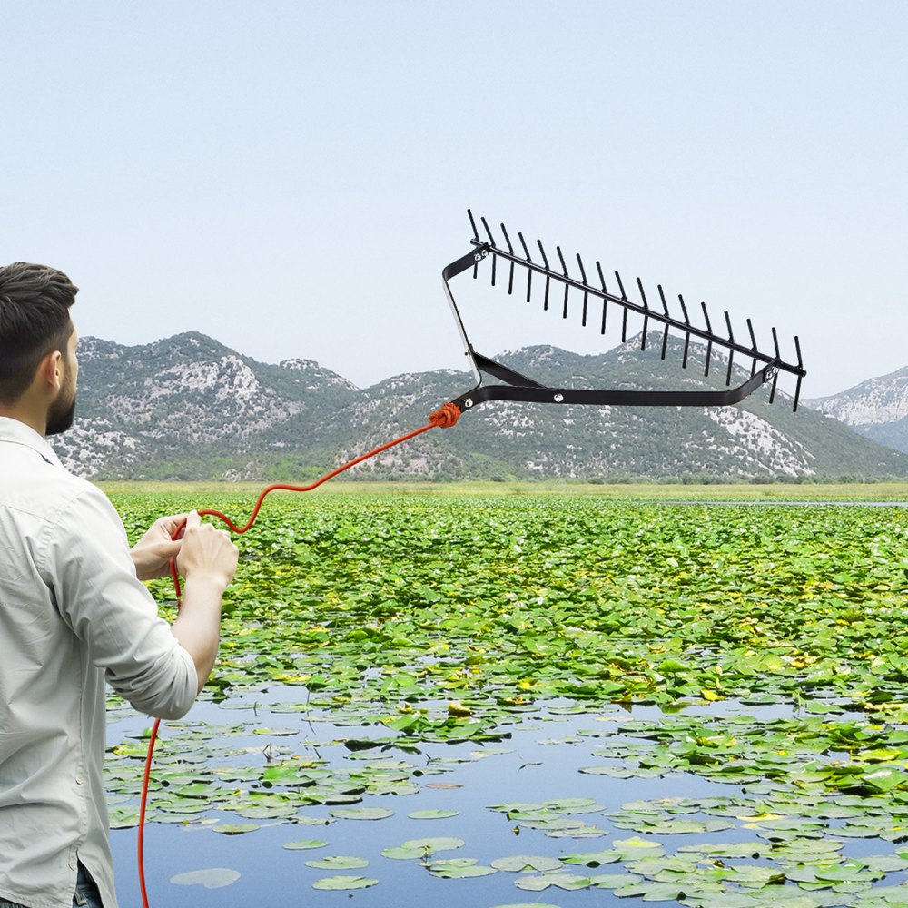VEVOR Rastrillo para Malezas Acuáticas, Rastrillo para Malezas de Lago de Doble Cara de 810 x 495 x 165 mm, Herramienta Ligera con Cuerda de 9 m para Limpiar Estanques, Lagos y Riachuelos
