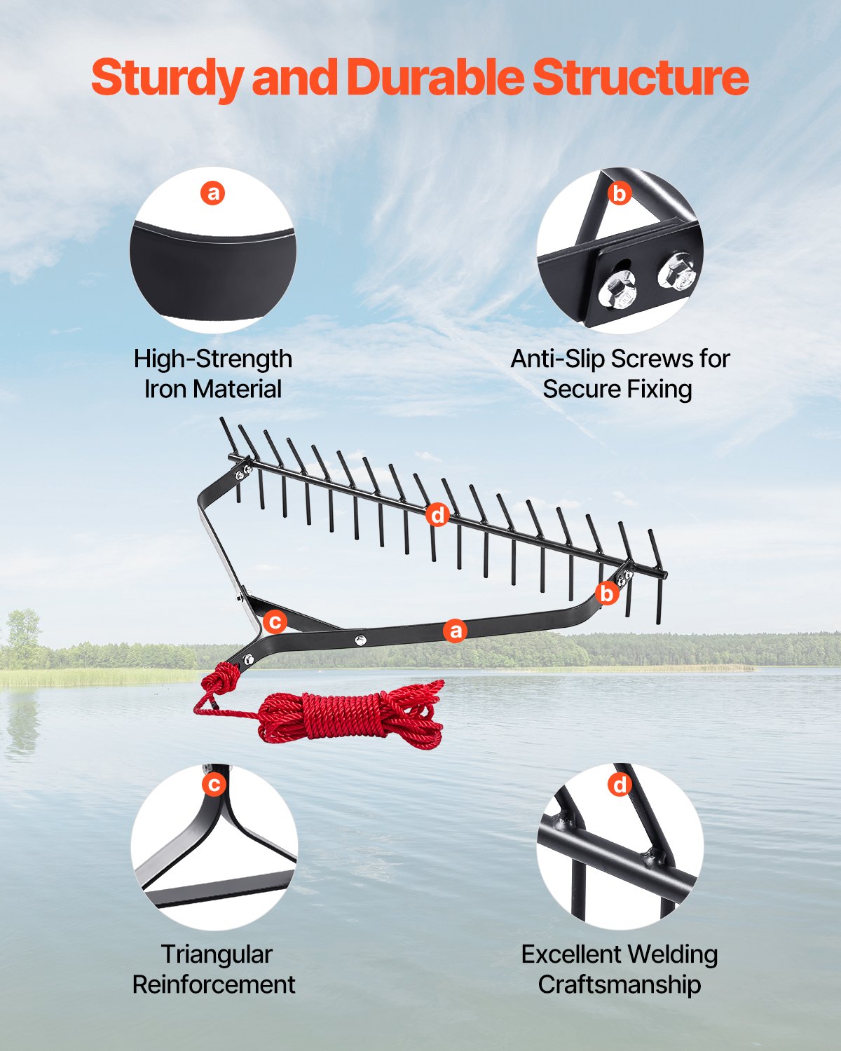 VEVOR Rastrillo para Malezas Acuáticas, Rastrillo para Malezas de Lago de Doble Cara de 810 x 495 x 165 mm, Herramienta Ligera con Cuerda de 9 m para Limpiar Estanques, Lagos y Riachuelos