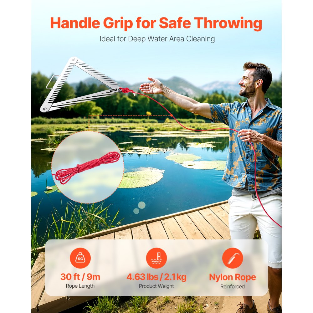VEVOR Pond Rake 515x540x9 mm, 3-sided lake weed rake with handle, foldable pond grass shaver, stainless steel pond weed cutter with 9 m long rope, for lakes and ponds