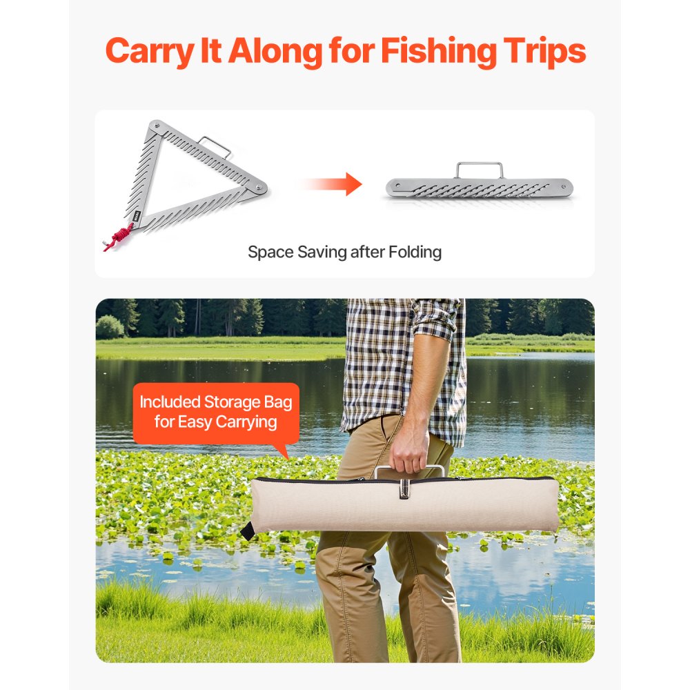 VEVOR Pond Rake 515x540x9 mm, 3-sided lake weed rake with handle, foldable pond grass shaver, stainless steel pond weed cutter with 9 m long rope, for lakes and ponds