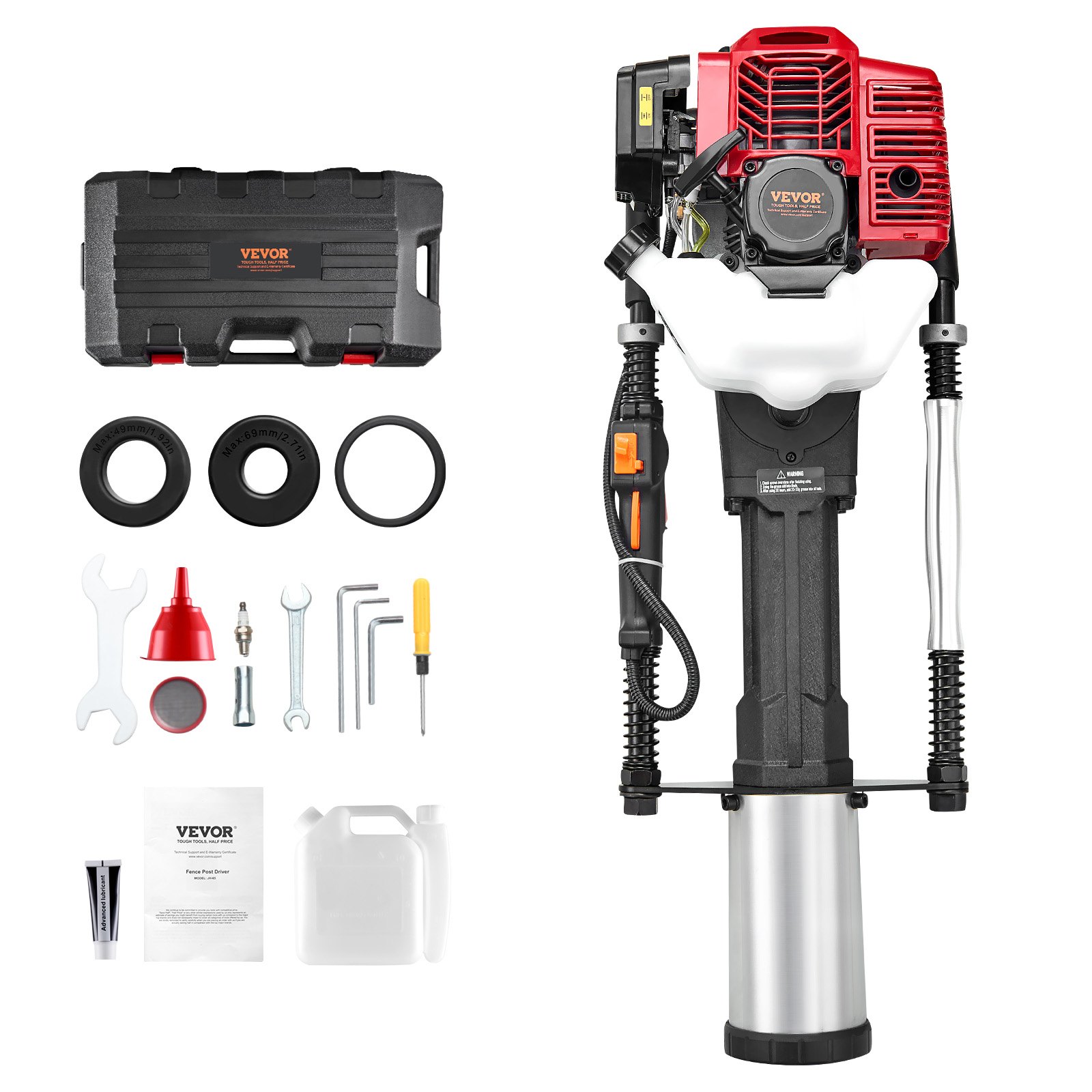 VEVOR 52cc Petrol-Powered T-Post Driver, Fence Driver with 2-Stroke Engine, Portable 1400W Post Driver with 3 Post Driving Heads (49/69/100 mm), for Farms, Ranch Fences, Road Improvements