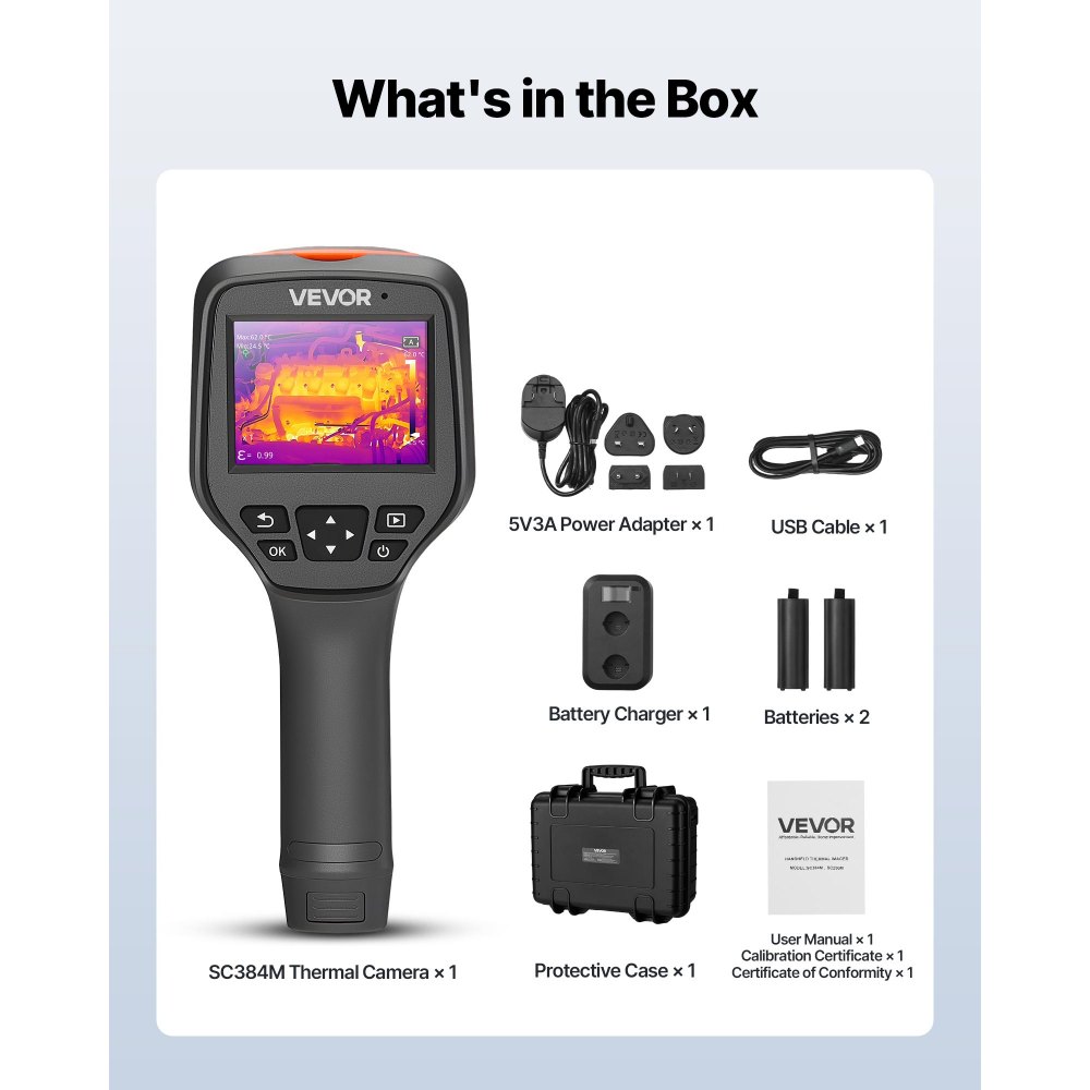 VEVOR Cámara Térmica de Mano con Resolución IR de 384 x 288, Cámara Termográfica Portátil con Cámara Visual de 5 MP, Frecuencia de Actualización de 30 Hz, Rango de Temperatura de -20 °C a 550 °C
