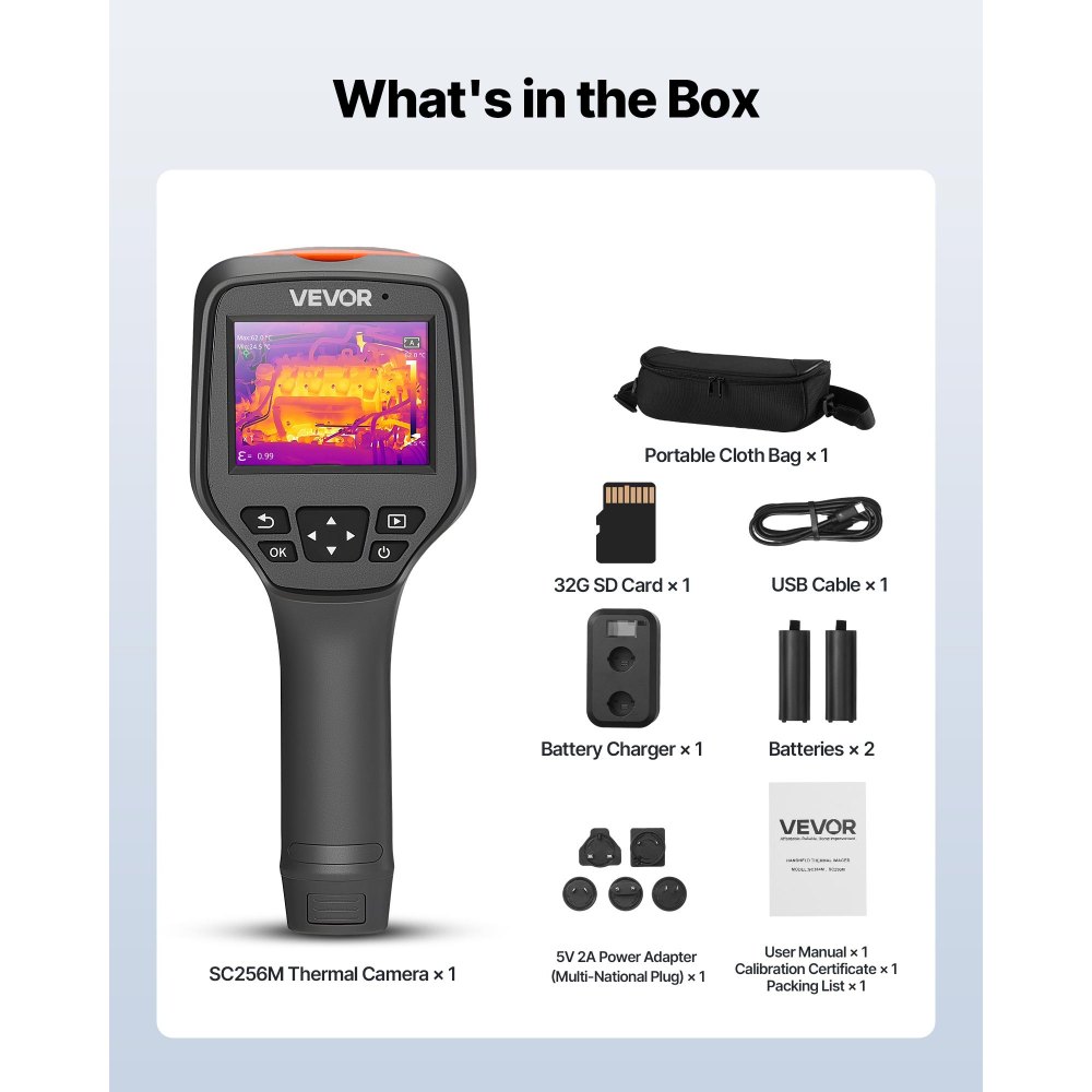 VEVOR Cámara Térmica de Mano con Resolución IR de 256 x 192, Cámara Termográfica Portátil con Cámara Visual de 2 MP, Frecuencia de Actualización de 25 Hz, Rango de Temperatura de -20 °C a 550 °C