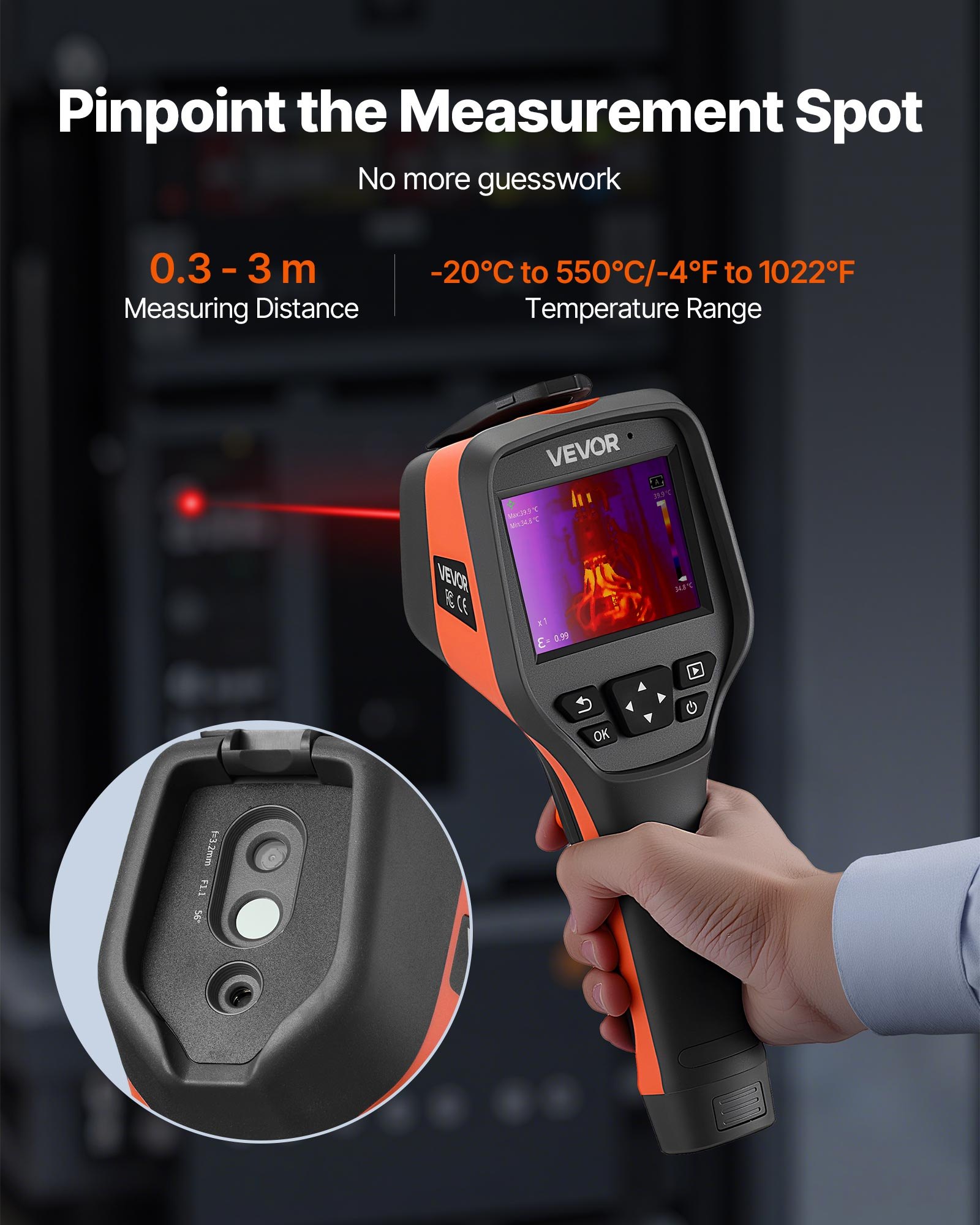 VEVOR Cámara Térmica de Mano con Resolución IR de 256 x 192, Cámara Termográfica Portátil con Cámara Visual de 2 MP, Frecuencia de Actualización de 25 Hz, Rango de Temperatura de -20 °C a 550 °C
