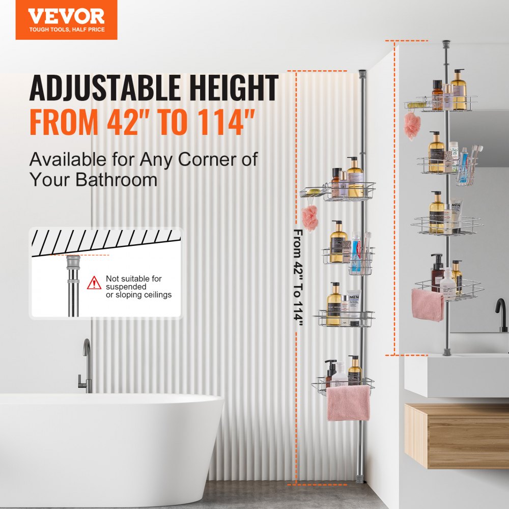VEVOR Tension Rod for Corner Shower Shelf 1067-2896 mm High, Multifunctional Tension Rod for Showers with Strong & Load-Bearing Shelf, Tension Rod for Bathrooms and Washrooms, Silver, 4 Layers